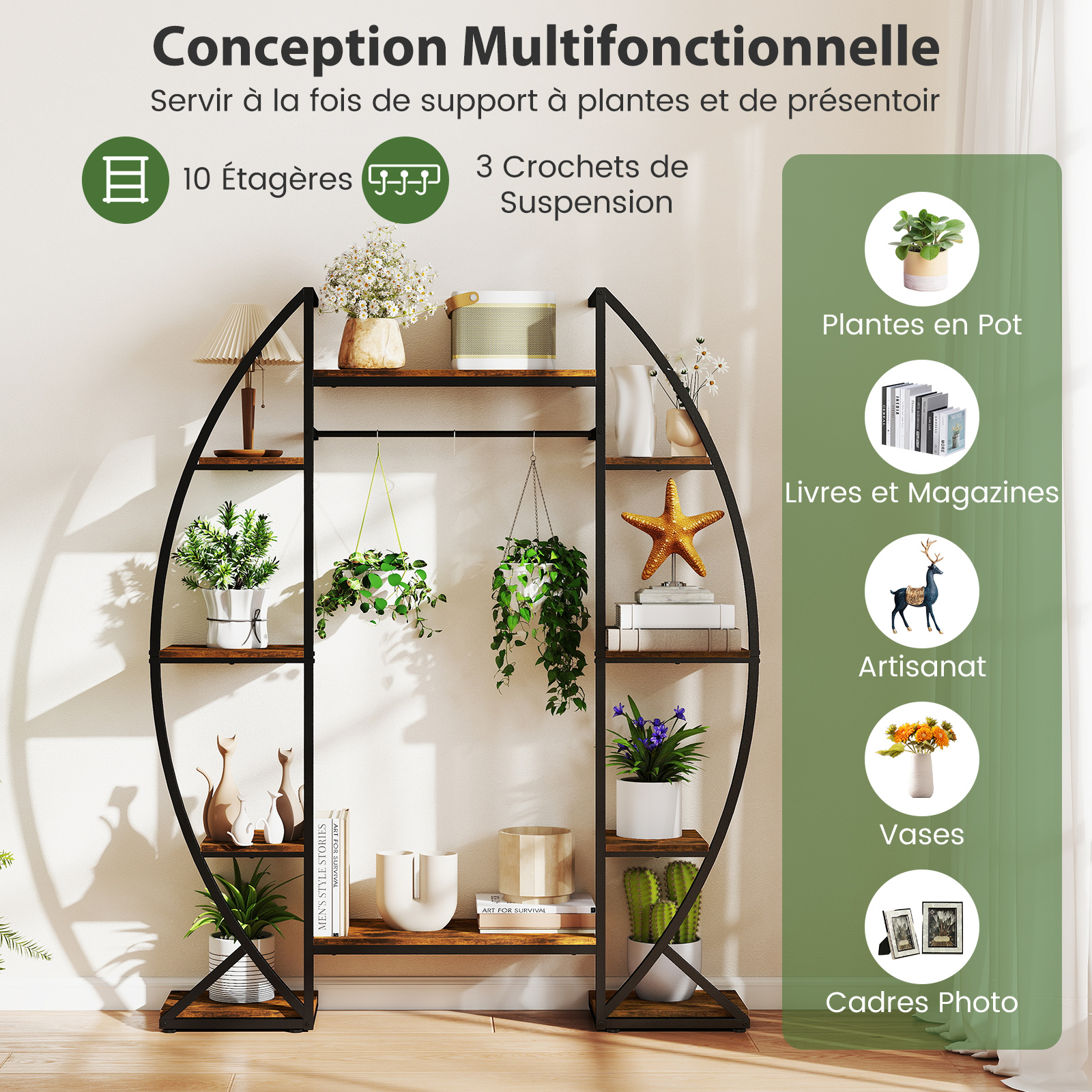 Support de Plante Métallique d'Angle à 10 Étagères Ouvertes, Étagère à Fleur avec Lumière de Croissance, Support Pot de Fleur pour Balcon Salon,Marron - 6