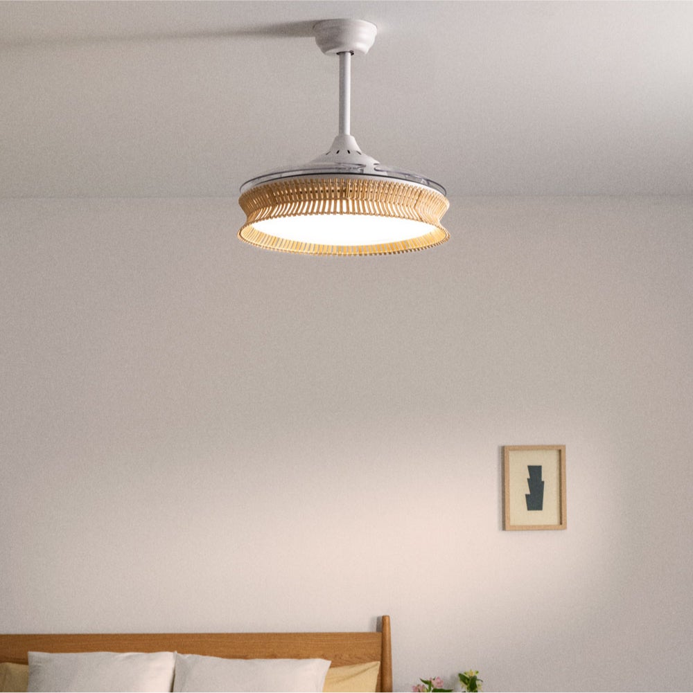 CREATE - WIND CLEAR RATTAN - Cichy wentylator sufitowy o mocy 40 W z wysuwanymi łopatkami o średnicy 108cm i oświetleniem LED 36W -