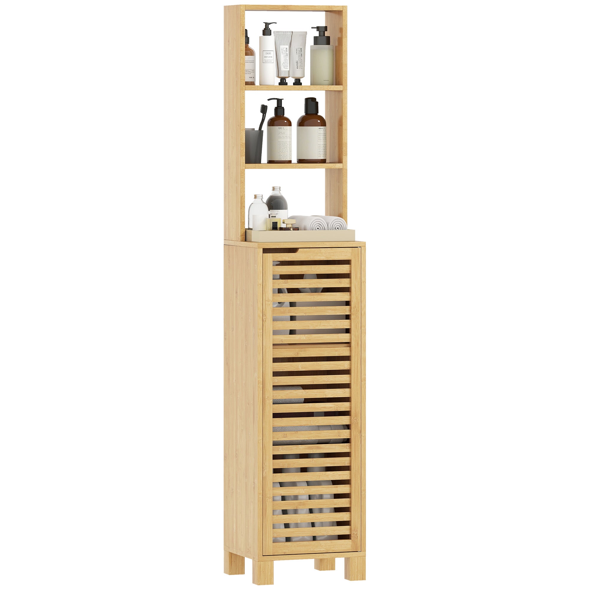 Leroy Merlin High bamboo bathroom cabinet narrow with 3 open shelves smooth laminate doors adjustable 34x30x170 cm natural 