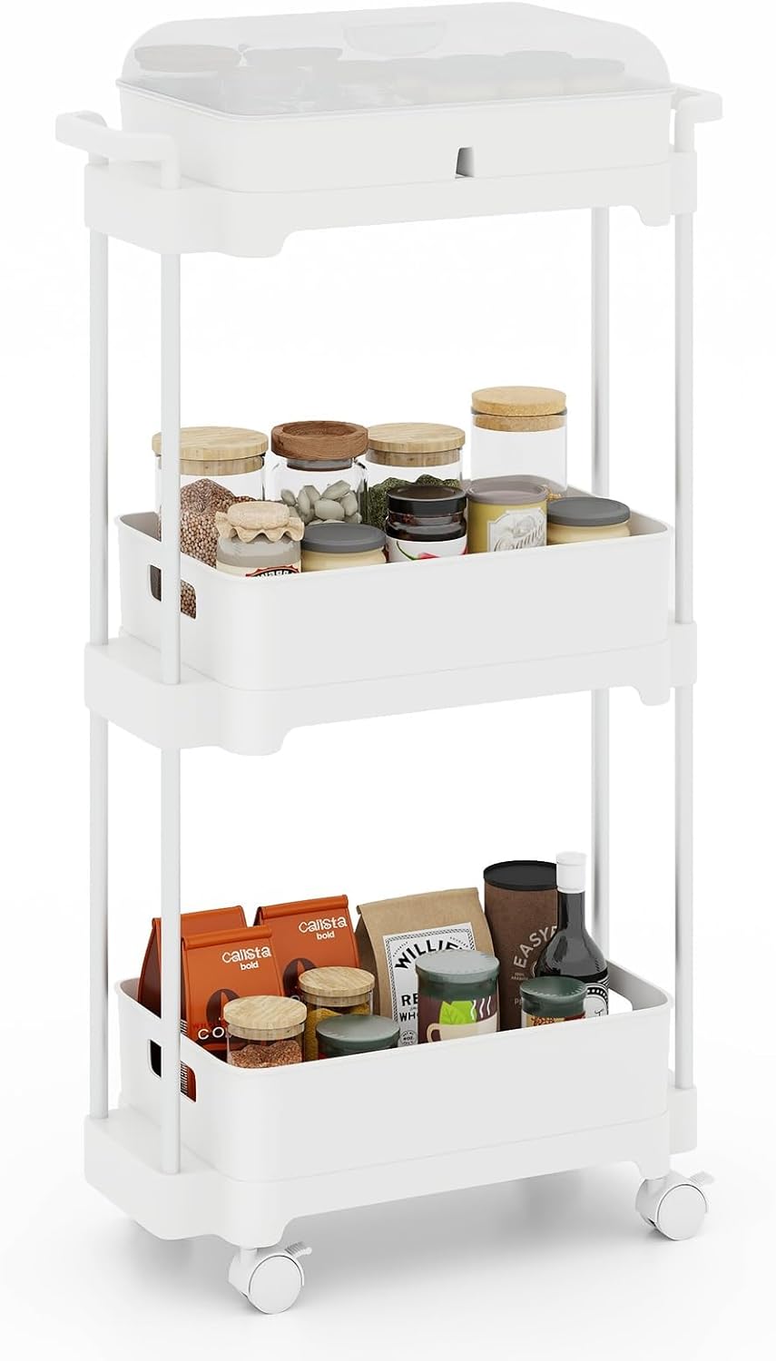 Wózek 3-poziomowy, Wielofunkcyjny Organizer z 3 Wyjmowanymi Półkami, Rama ze Stopu Aluminium, Kółka z Blokadą