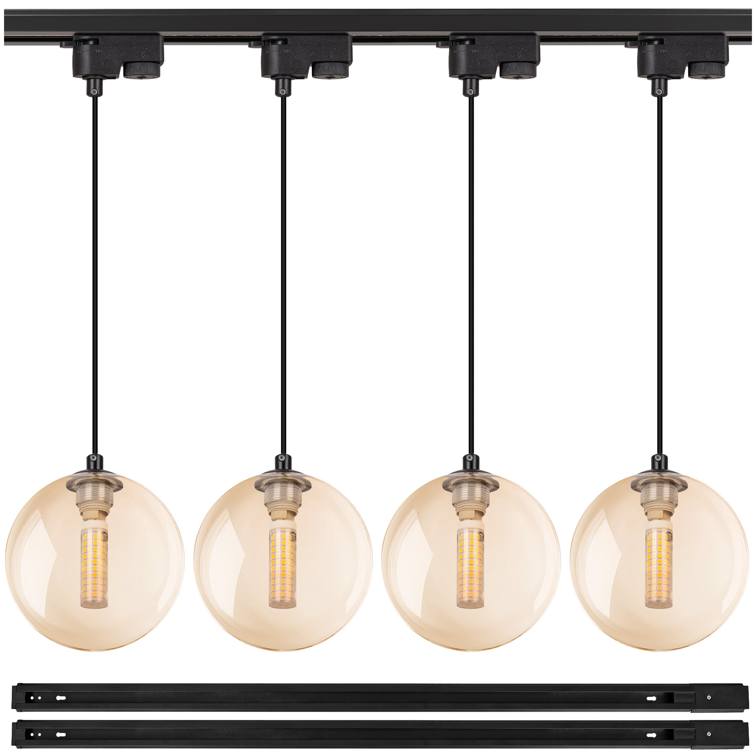 Lampa szynowa wisząca 4x BURSZTYNOWA KULA klosz G9 + 2x szynoprzewód 1m Oprawa szklana OZDOBNA AMBER z kablem - LEDHOFF