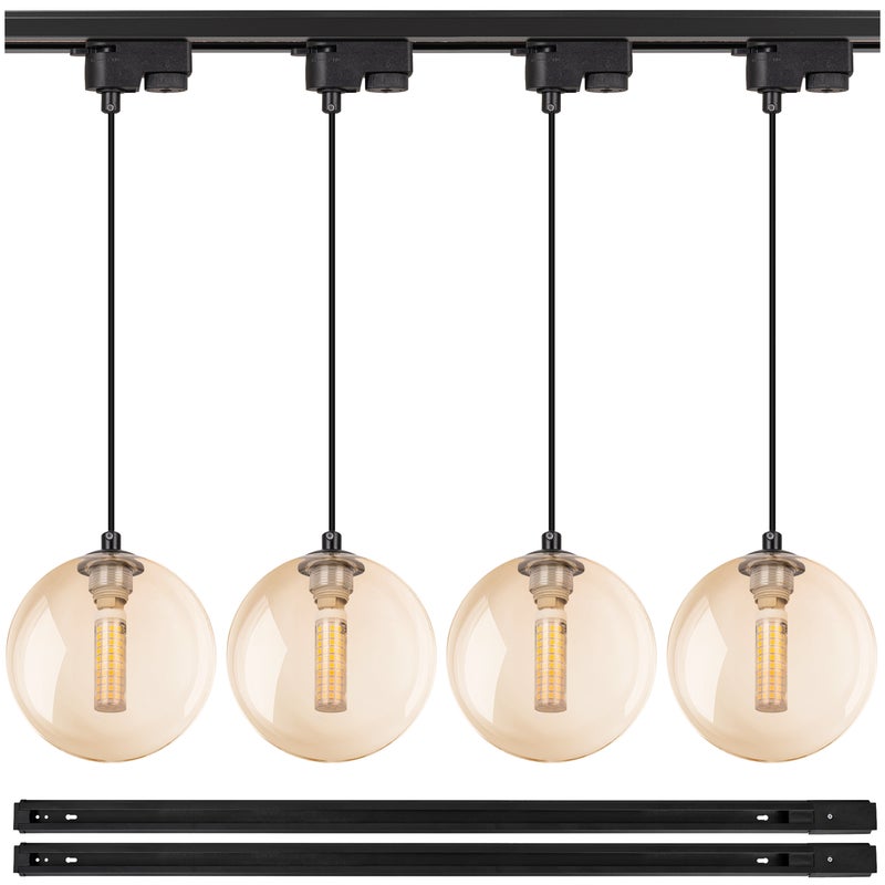 Lampa szynowa wisząca 4x BURSZTYNOWA KULA klosz G9 + 2x szynoprzewód 1m Oprawa szklana OZDOBNA AMBER z kablem - LEDHOFF