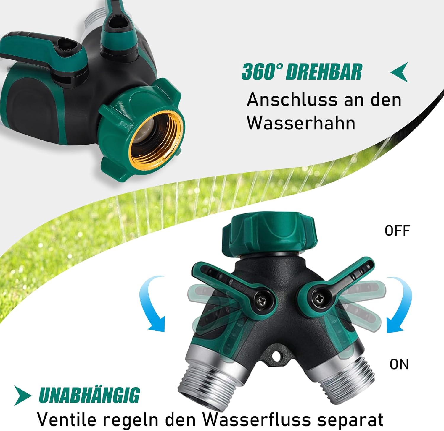 Dwudrożny kran ogrodowy – rozdzielacz do węży z dwoma oddzielnymi zaworami, złącze 3/4”, regulowany przepływ, adapter do podlewania na zewnątrz - 4