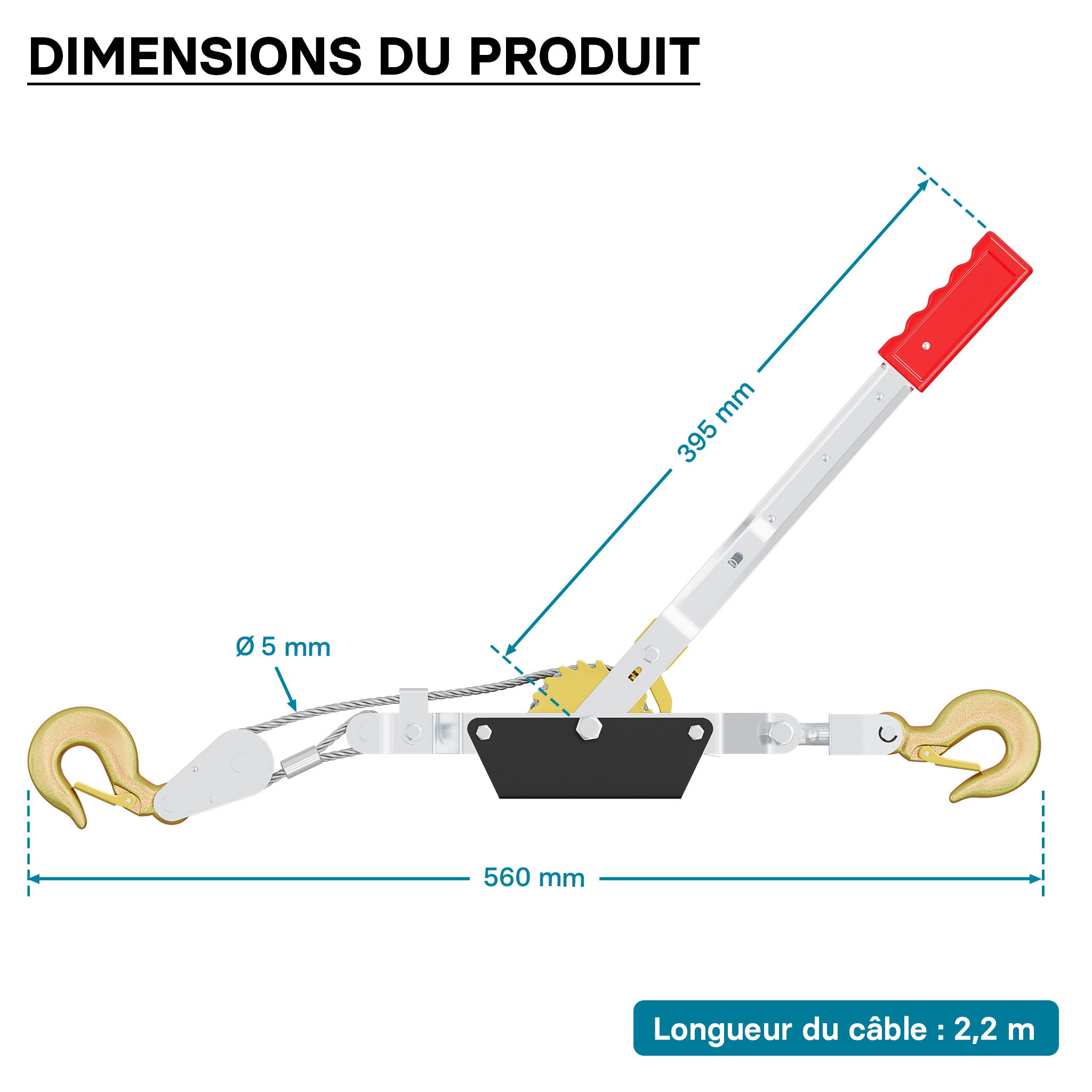 Palan manuel à câble - Charge max. 2000 kg - 2,2 m - en Acier - avec 2 transmissions et 2 crochets - Treuil de traction Cabestan pour… Wiltec - 7