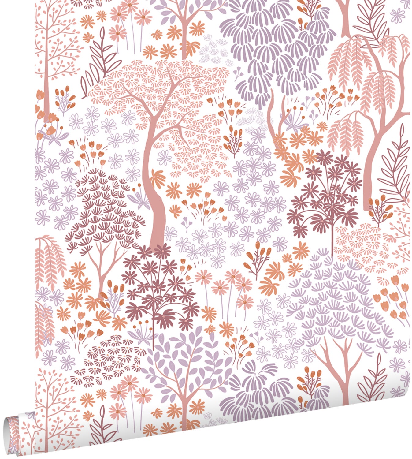 Tapeta drzewa i kwiaty fioletowymIpomarańczowym - 50 x 900 cm - ESTAHOME