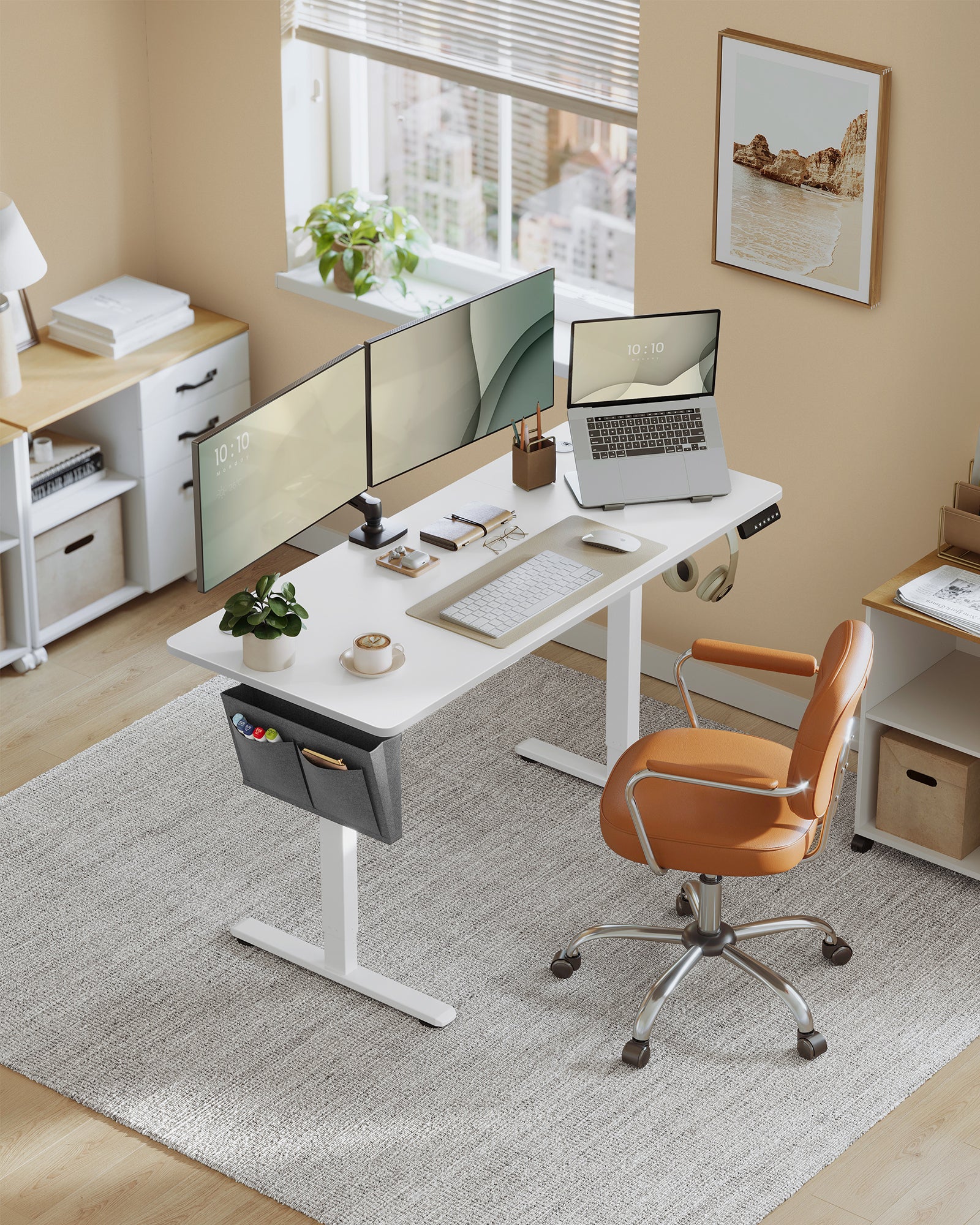 Bureau Électrique Assis-Debout, Bureau Réglable en Hauteur, 60 x 140 x (72-120) cm, 4 Hauteurs Mémorisables, Pochette de Rangement, Blanc Nuage - 2