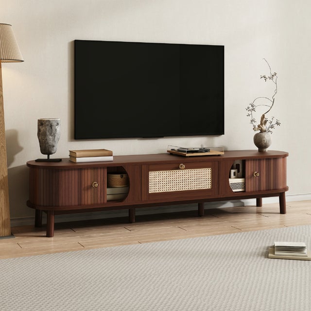 Móvel de TV com Portas em Madeira Natural e Gavetas em Rattan - Aparador Baixo Rústico em Nogueira, Design Elegante e Moderno, 170cm