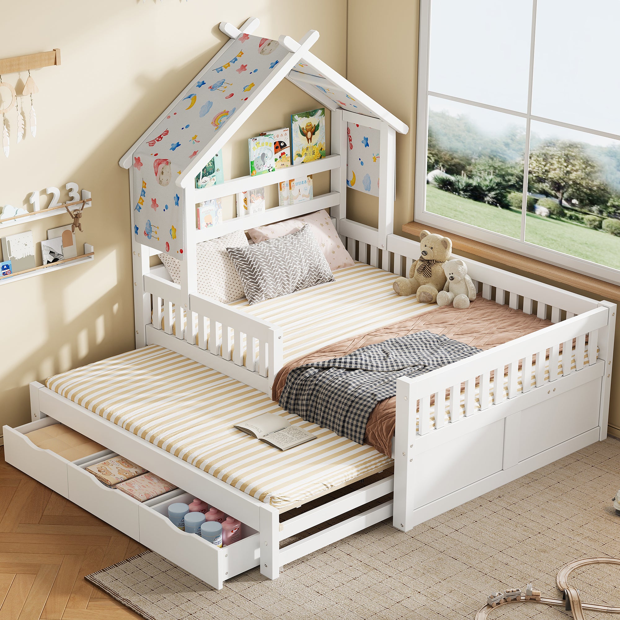 Łóżko domek 140x200cm - Wysuwane i 3 szuflady - Barierka ochronna - Białe