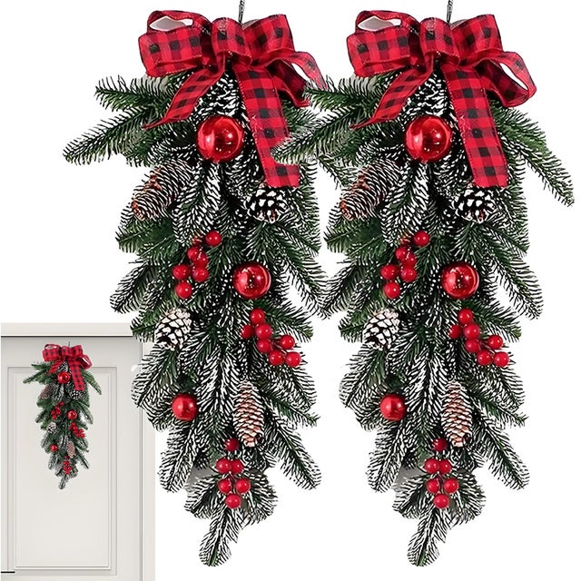 2 ghirlande natalizie da 60 cm - Decorazioni per l'albero di Natale con pigne e bacche rosse - Per porte, pareti e caminetti