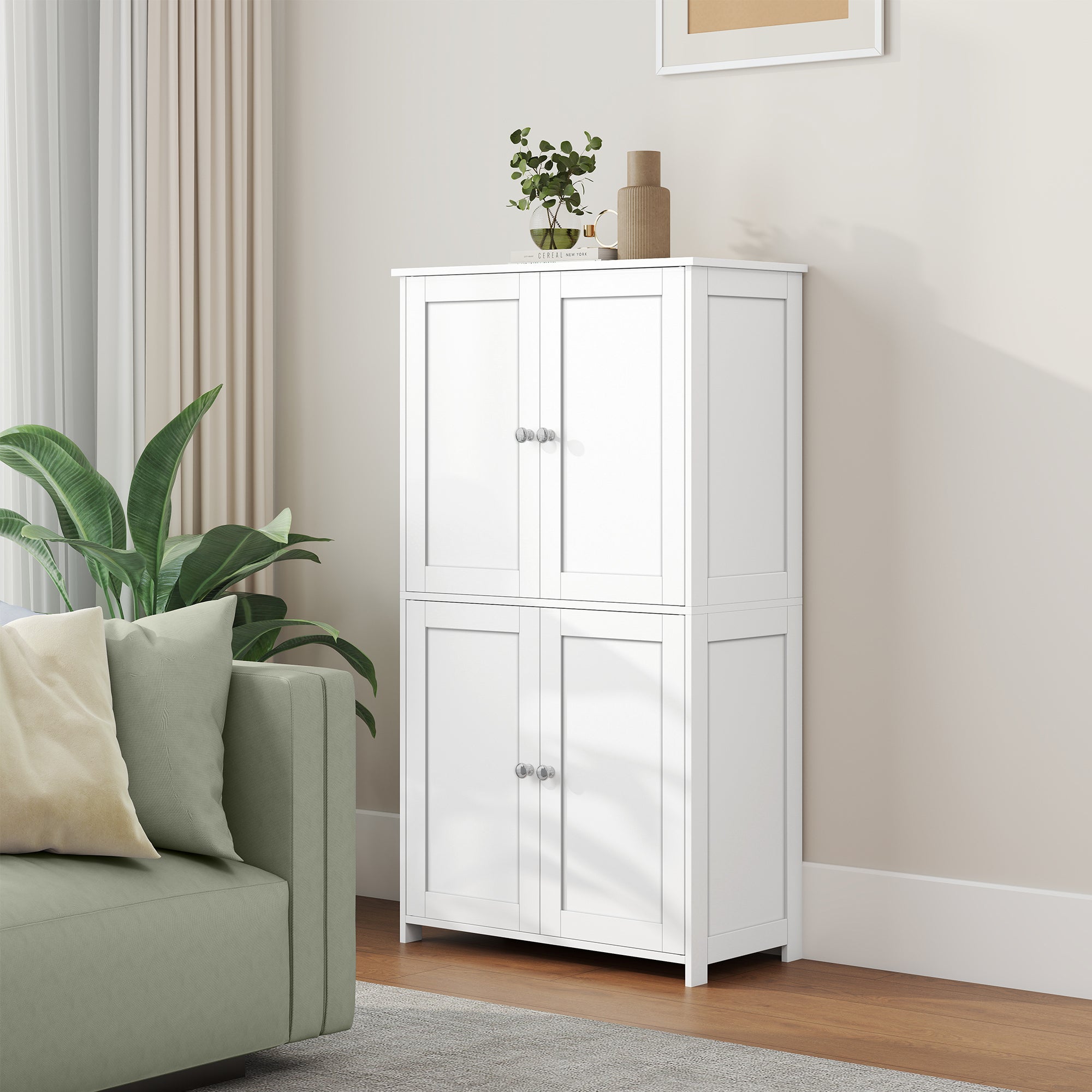 Armoire Haute de Rangement, Meuble de Cuisine avec 4 Portes, 2 Étagères Réglables, Style Shaker, Blanc - 2