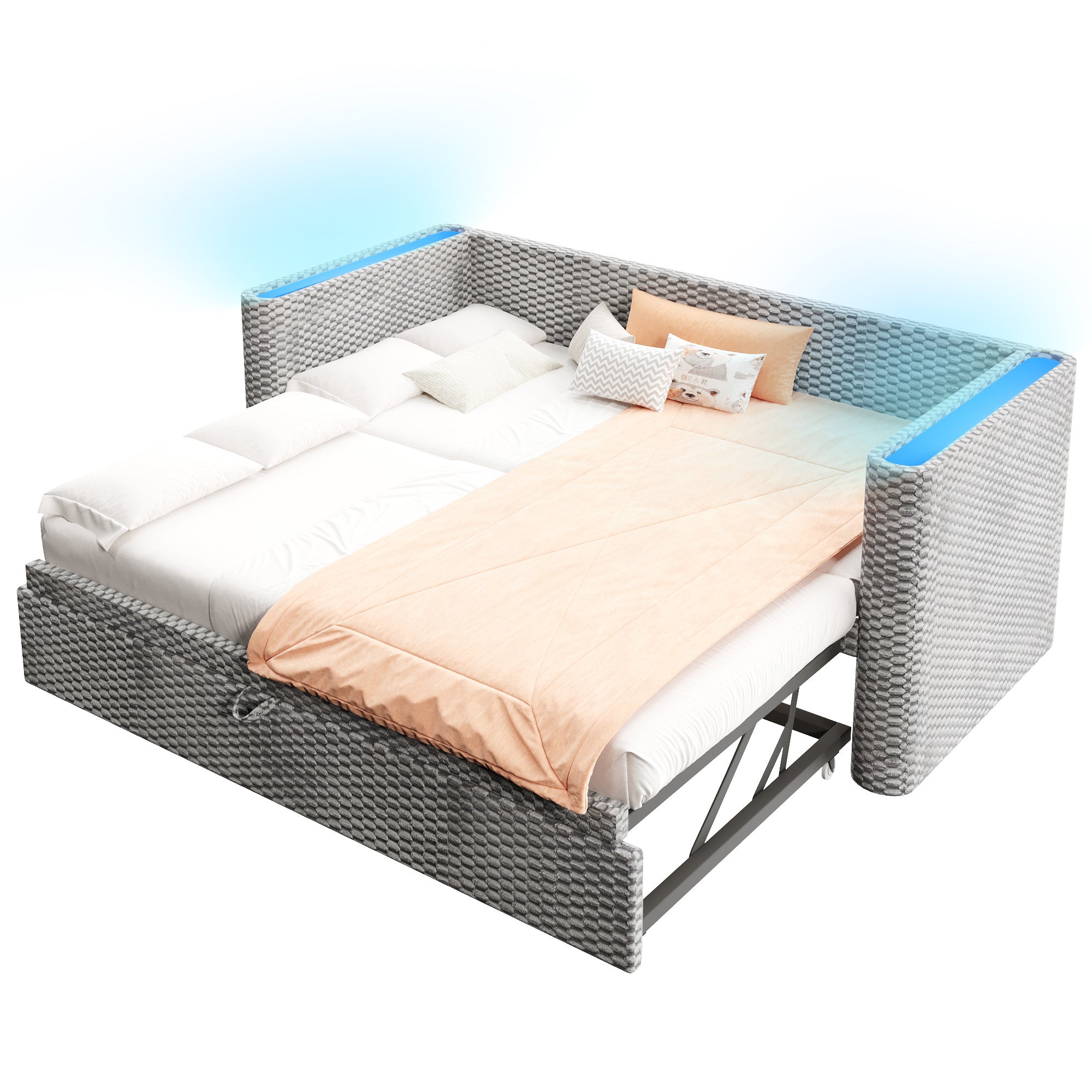 Rozkładana sofa 90/180x200cm - z wysuwane łóżko - z listwą LED - z stelażem lamelowym - welur - szary (materac nie jest wliczony w cenę) - 6