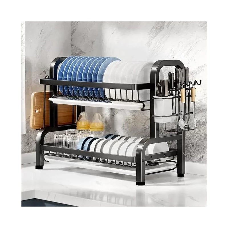 Kompaktowa, dwupoziomowa suszarka do naczyń KAKET, duża, odporna na rdzę suszarka z uchwytem na przybory kuchenne, w zestawie tacka ociekowa