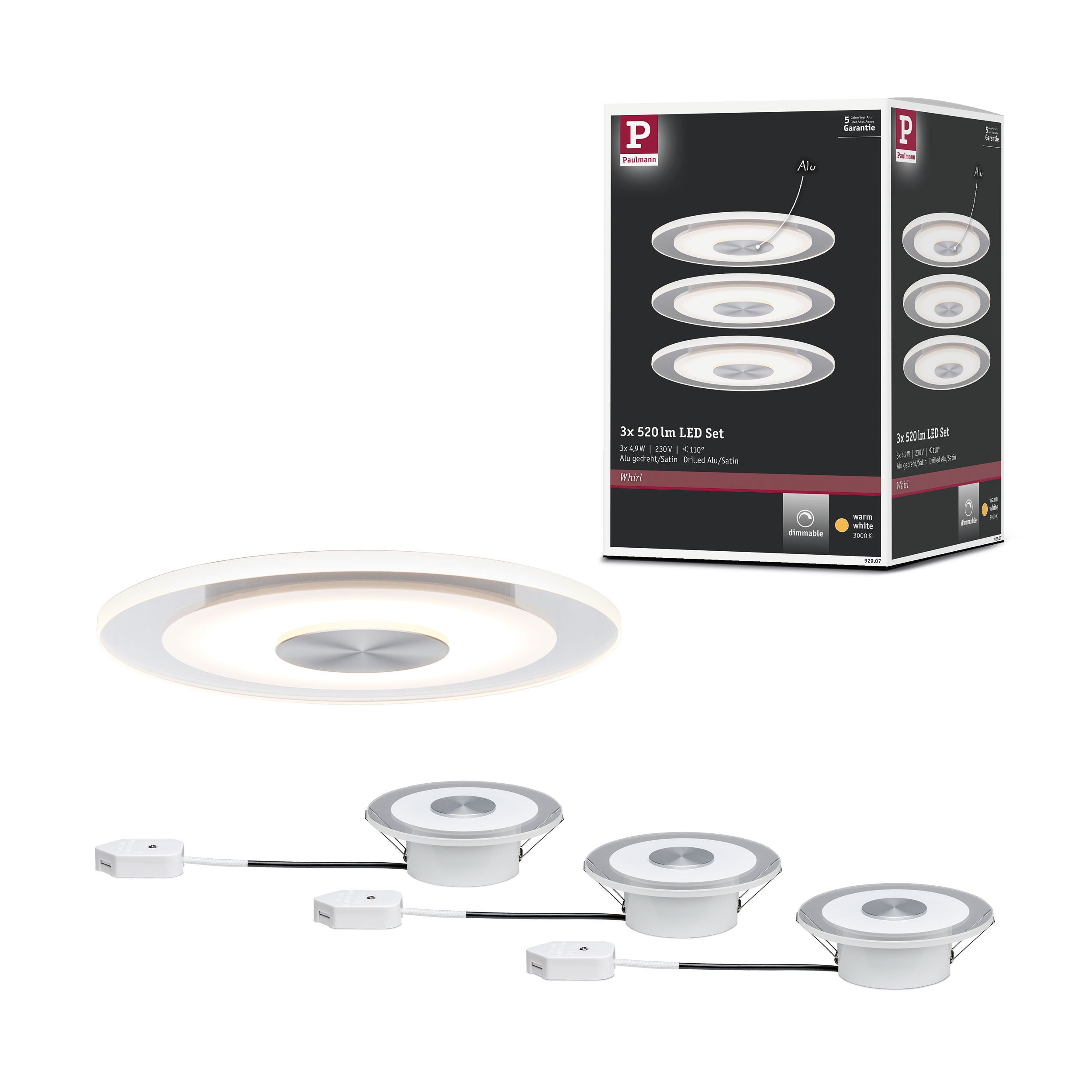 Paulmann  Premium Spot Encastré Led Whirl Kit De Base Rond 120 Mm 3X4,9W 3X180lm 230V Gradable 3000K Alu Tourné, Satiné , Leroy Merlin
