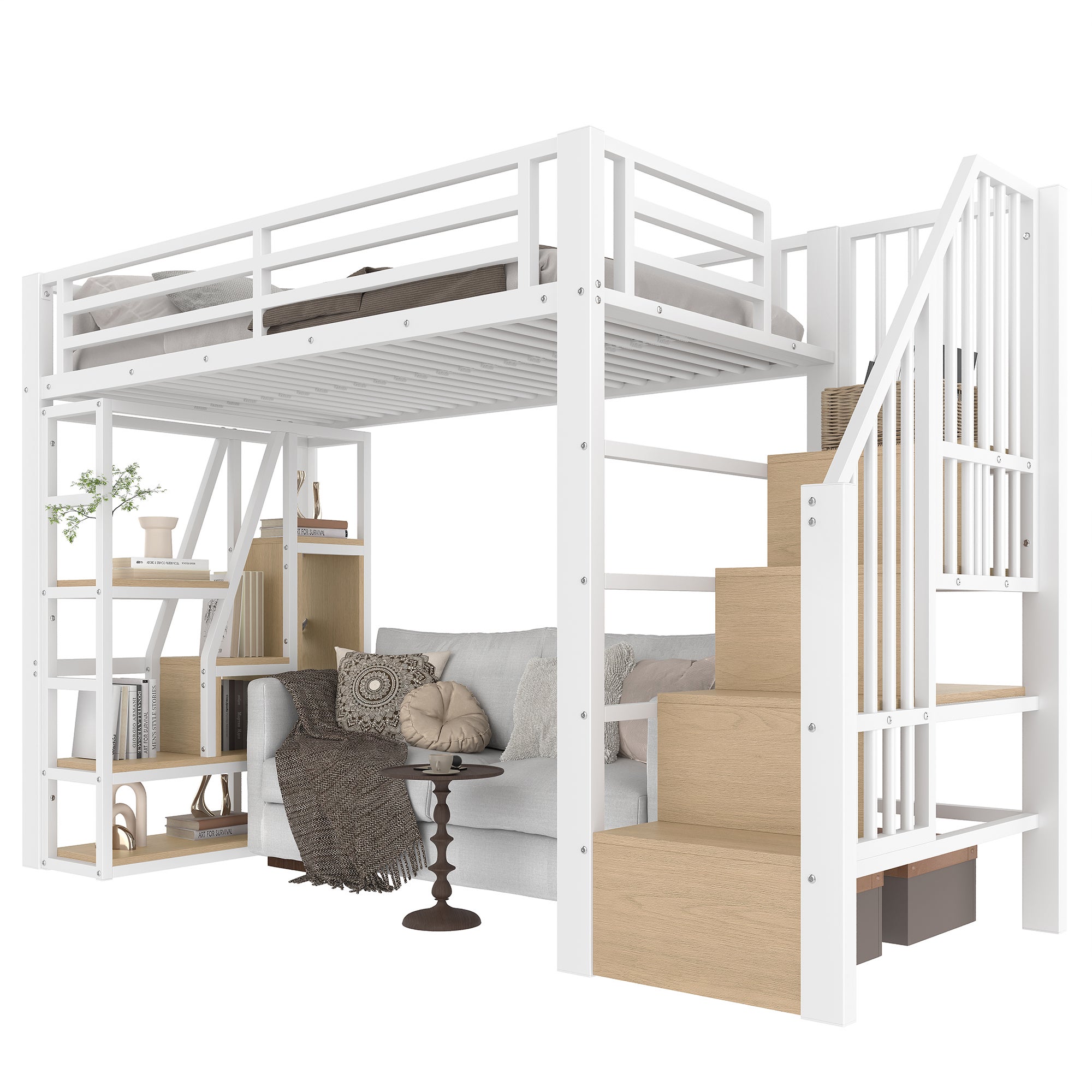 Łóżko piętrowe 90 x 200 cm z przegródkami, półkami i diodami LED - MDF + rama żelazna - białe (materac nie jest wliczony w cenę) - 8