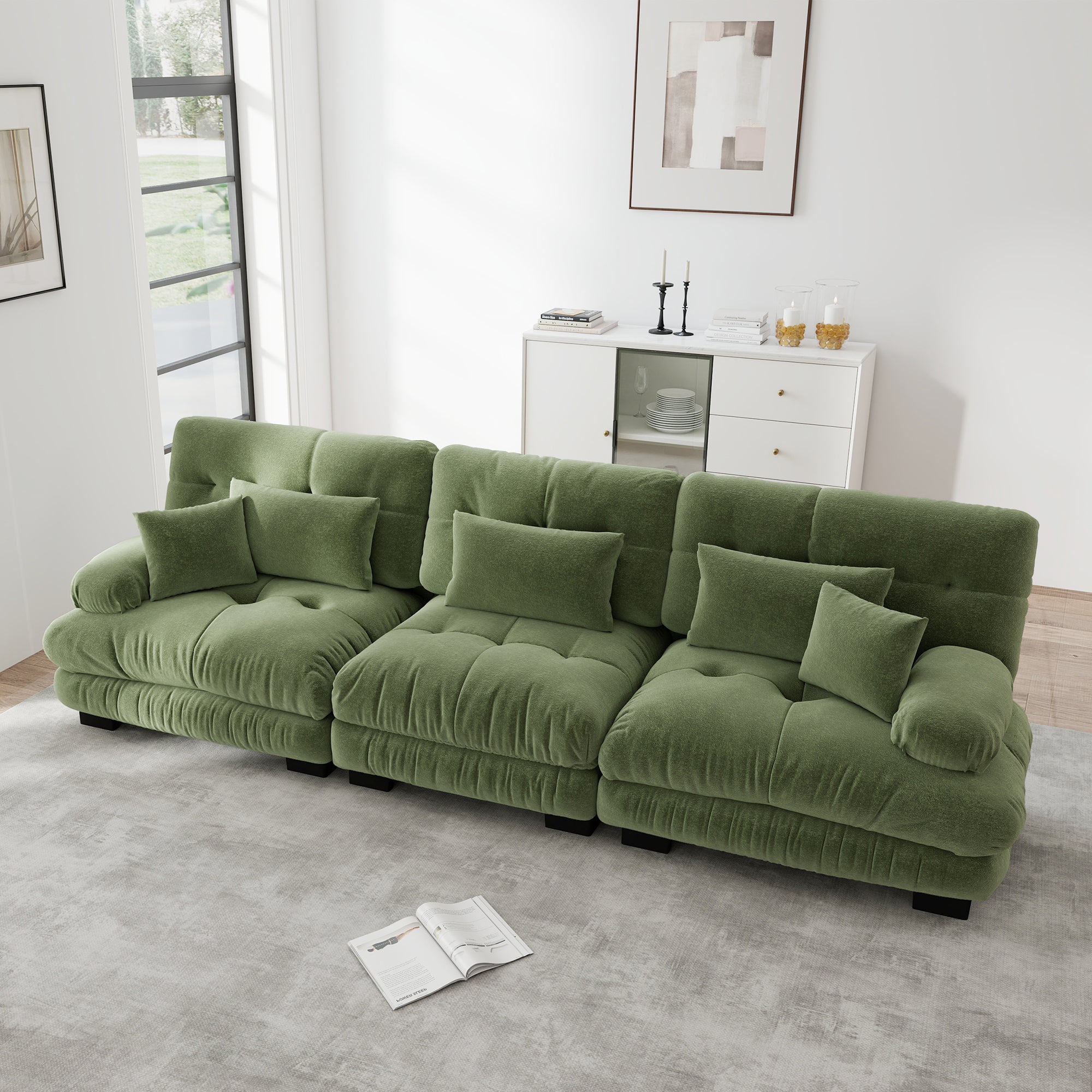 Canapé 3 places moderne,Canapé à assise profonde du salon,avec oreillers lombaires et coussins,Canapé d'angle modulable,Tissu chenille,Vert - 6