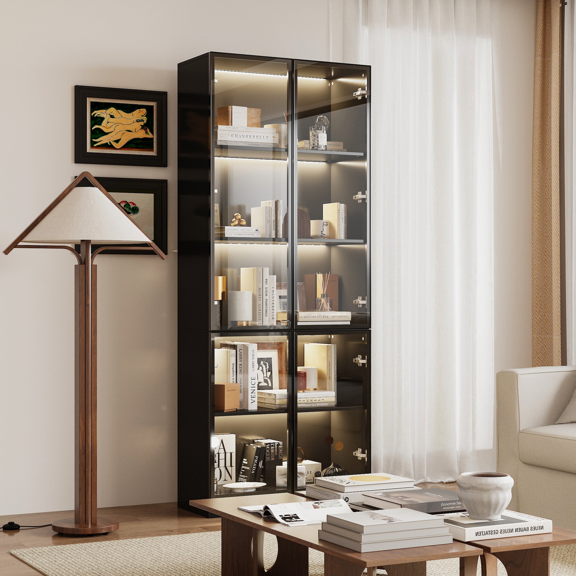 Vitrine à Lumières LED 3 couleurs, Armoire pour Collection avec 2 Portes en Verre, 5 étagères, Bureau et Salon, 80x36x200, Noir - 8