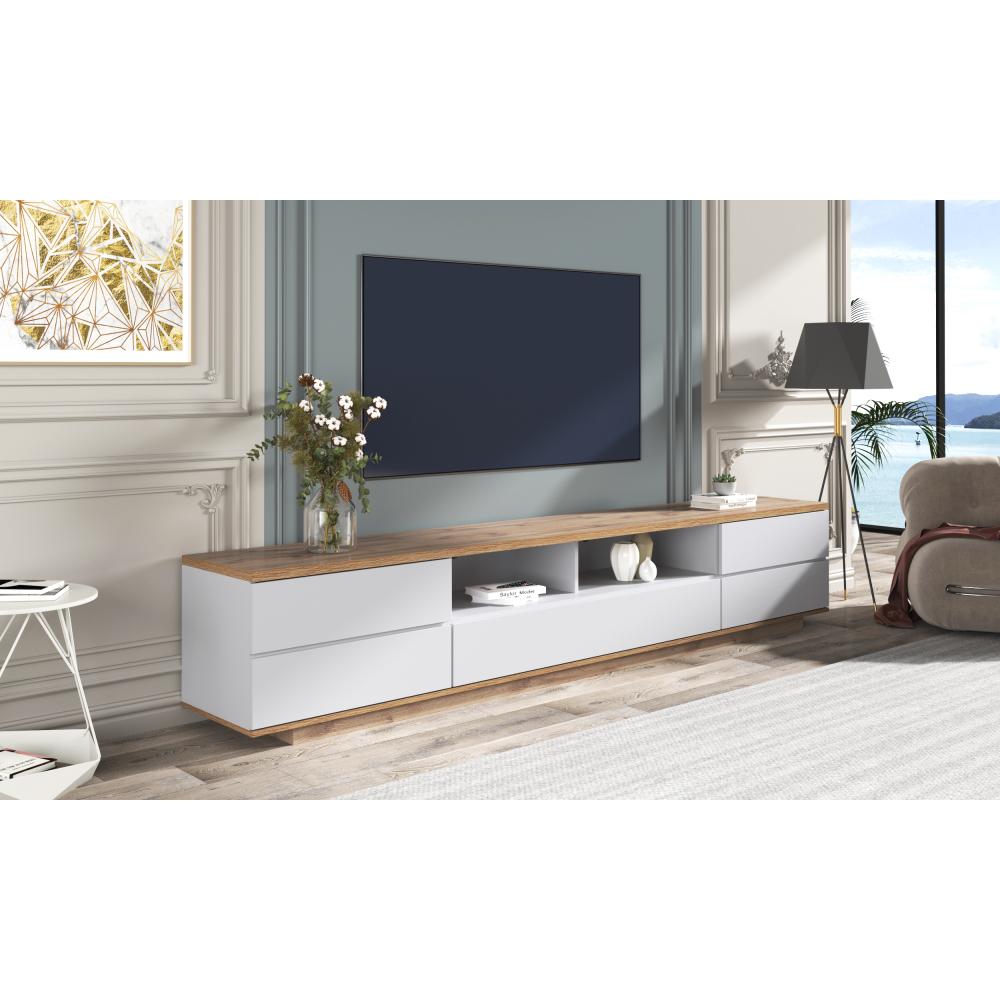 kubeier Mobile TV Vintage Basso da 180 cm con Piedini in Vero Legno e Molto Spazio di archiviazione, Mobile TV Moderno Bianco con 2 cassetti e 2 Ante, 180 * 40 * 65 cm