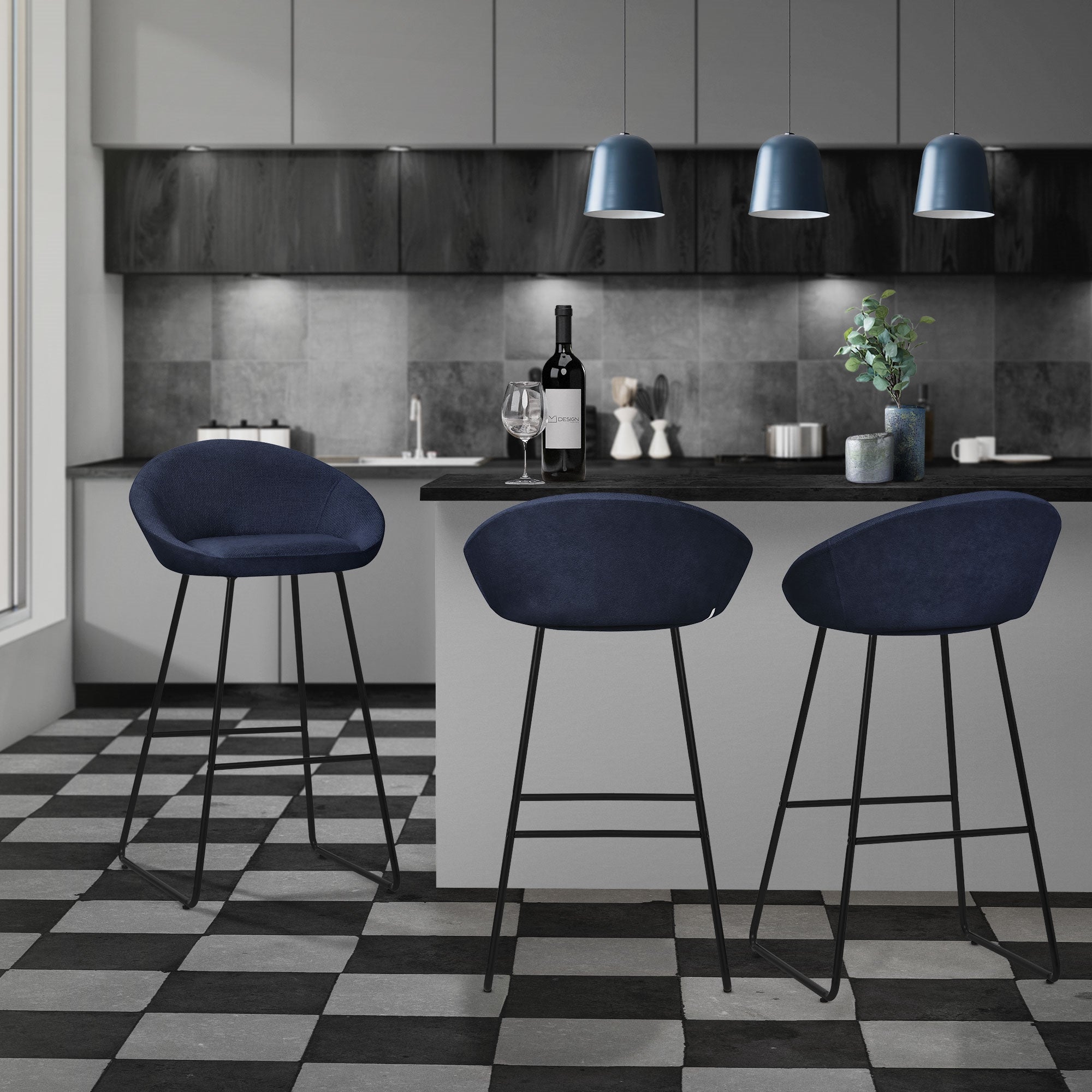 ML-Design zestaw 4 hokerów barowych ciemnoniebieskich 75cm tapicerowanych wygodne ergonomiczne krzesła z oparciem i podnóżkiem metalowa konstrukcja