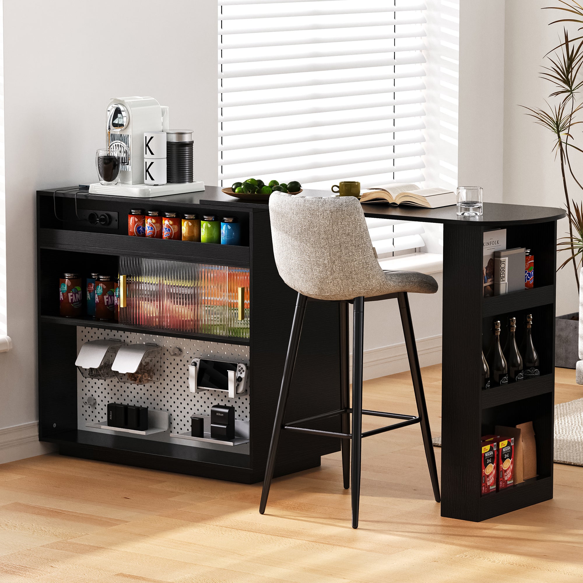 Szafka barowa z 2 drzwiami przesuwnymi i obrotowym, rozkładanym blatem 360° - 120 x 50 x 95,5 cm - MDF + PB - Czarna