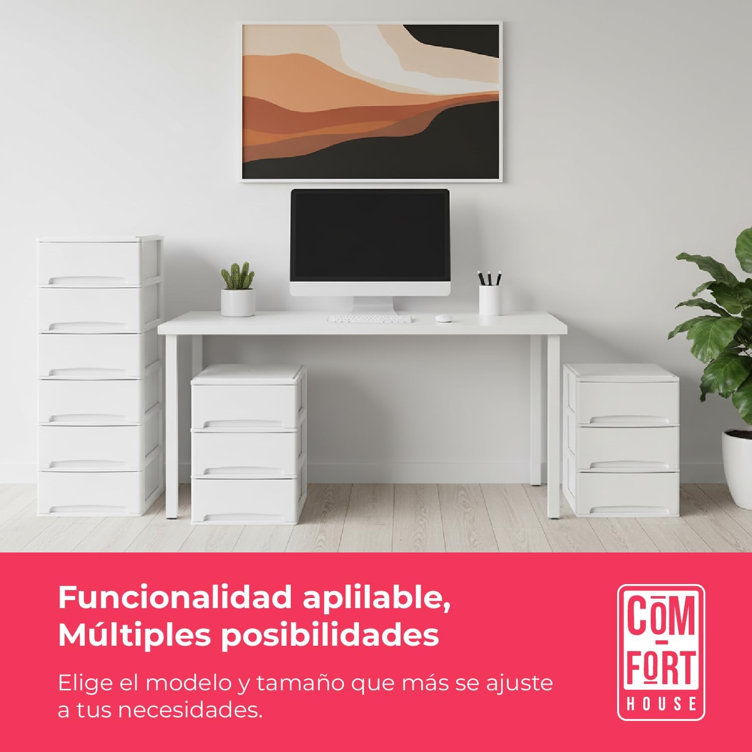COM-FORT HOUSE | Cajonera Apilable de Plástico | Modelo Lineas | Color Blanco | Modelo de 3 Cajones | Cajones de Almacenamiento Modular - 4
