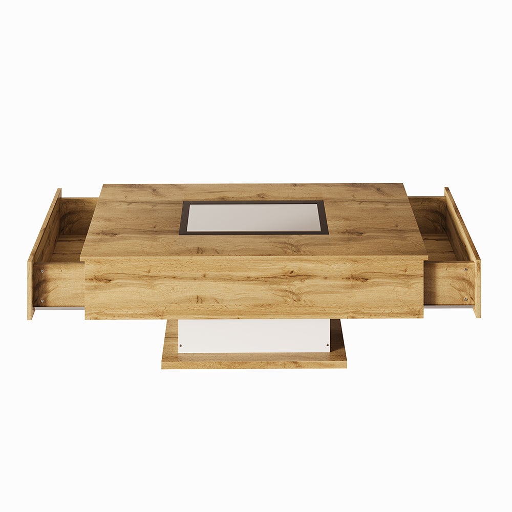 Table basse Table de Salon avec Lumière LED Table Latérale en Verre Deux Tiroirs Naturel - 7