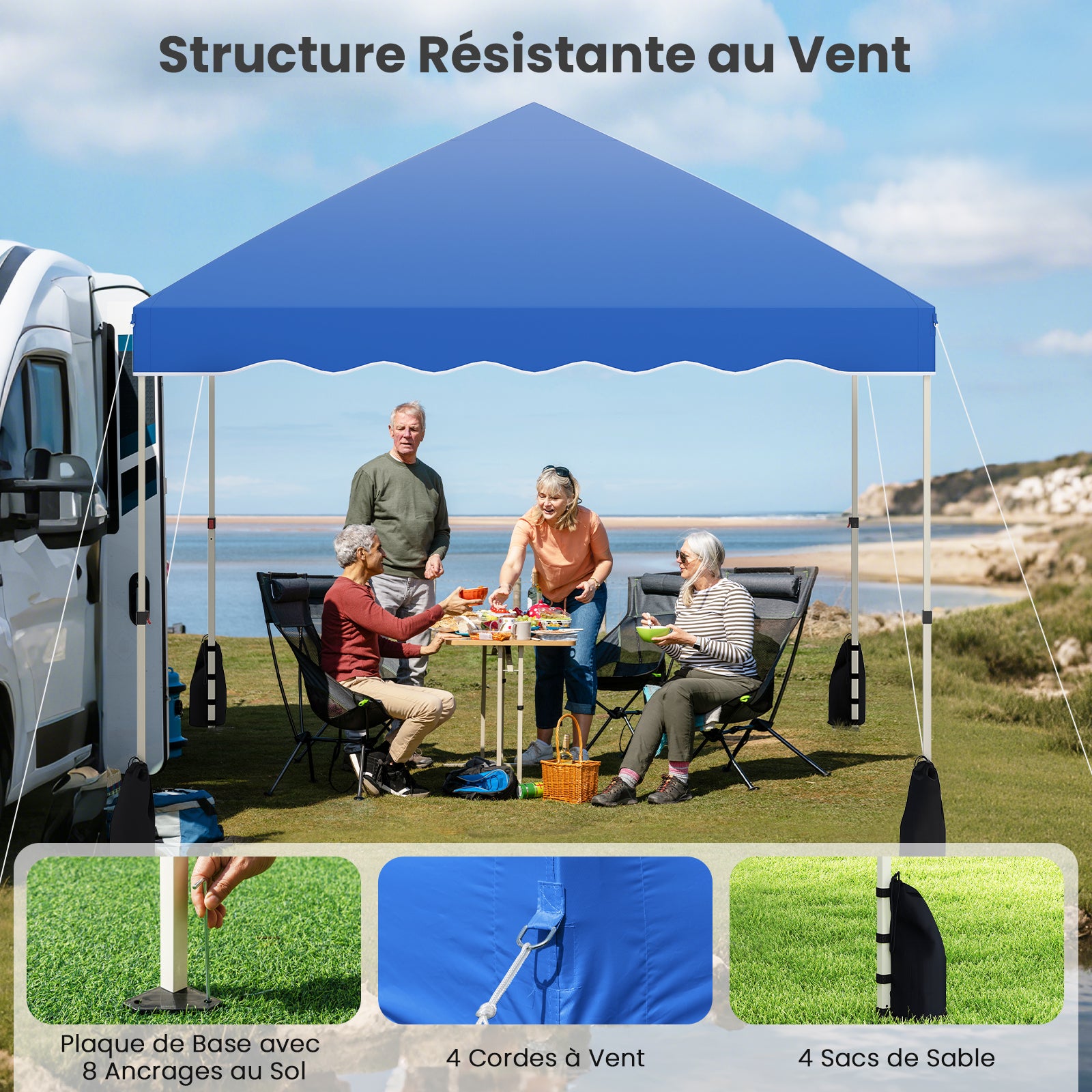 Carpa Plegable 3x3 m Impermeable, Cenador Jardin con Bolsa de Transporte sobre Ruedas, Altura Ajustable, Pergola Exterior con 4 Sacos de Arena, (Azul) - 4