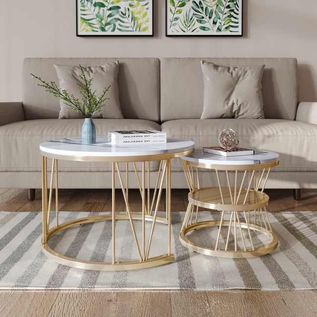 Ensemble de 2 Tables Basses Rondes, Tables Gigognes de Salon Modernes avec Pieds en Métal Doré, Blanc et Or(70 x 45cm)
