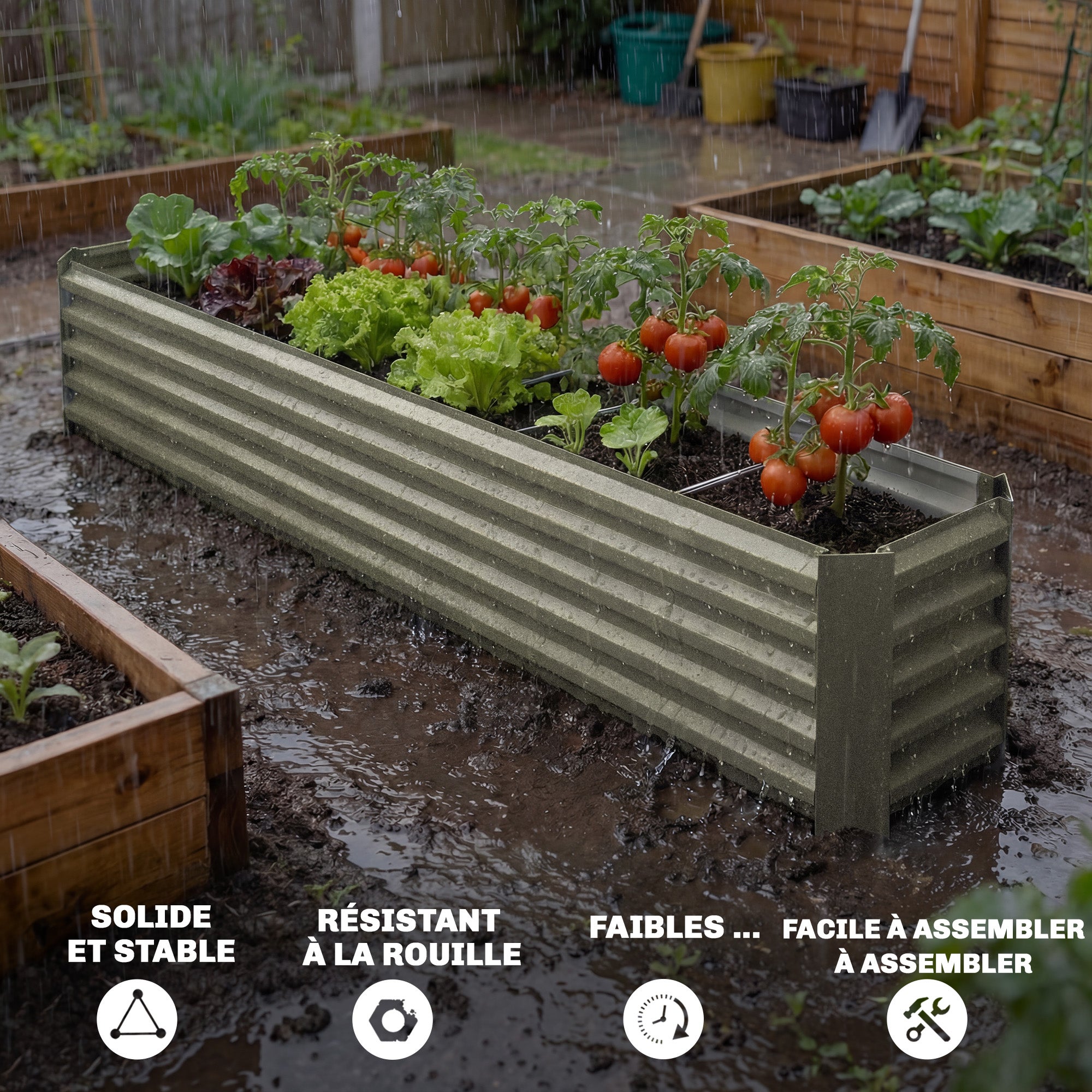 Carré potager - Outsunny - barres de soutien et plaques d'angle - fond ouvert - en acier galvanisé - 240 x 40 x 45 cm - gris argenté - 5