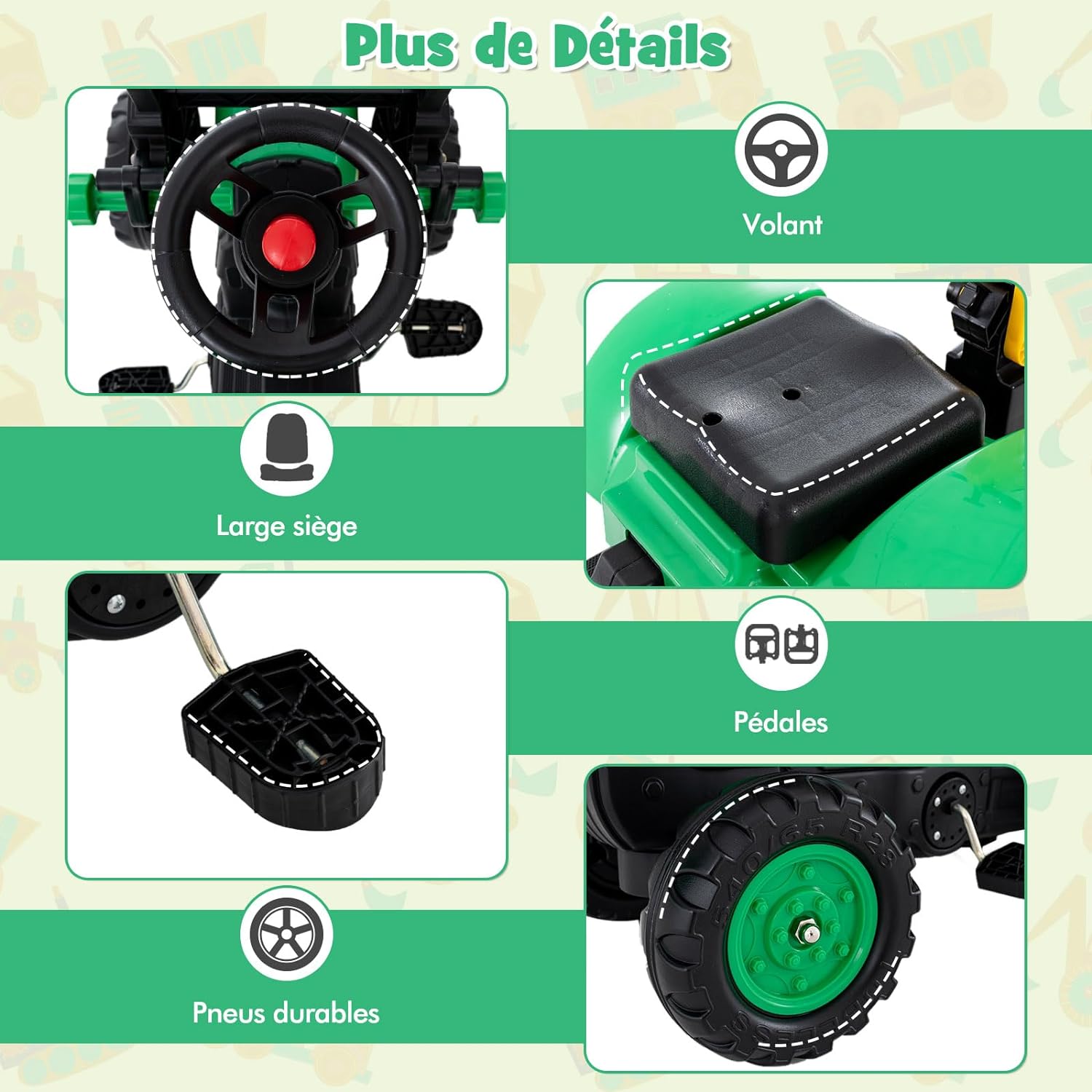 3 en 1 Tractopelle Enfant avec Pelle et Remorque Amovible, Tracteur Enfants - 6