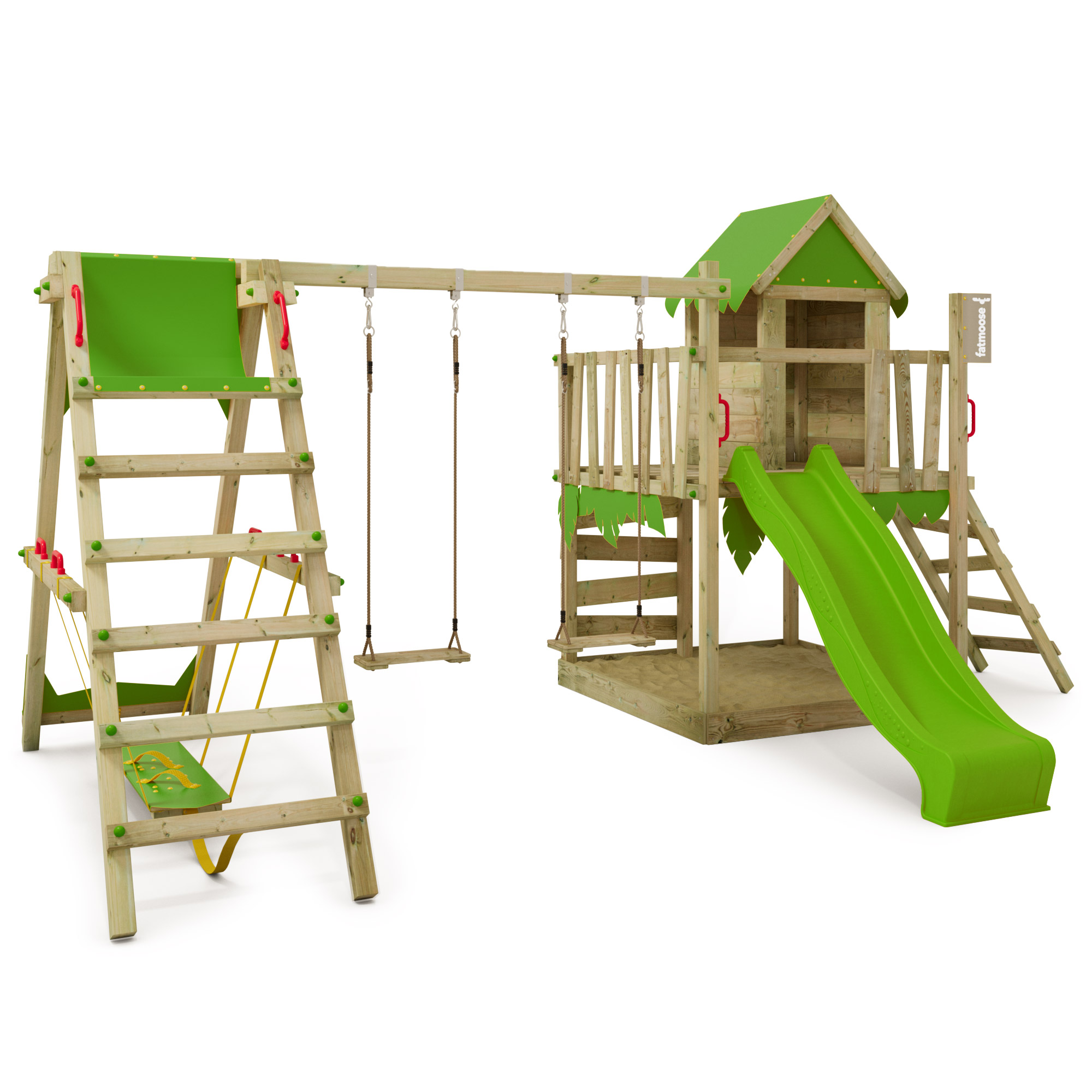 FATMOOSE Aire de jeux Portique bois JazzyJungle avec balan?�oire S-Swing et toboggan avec bac ?� 