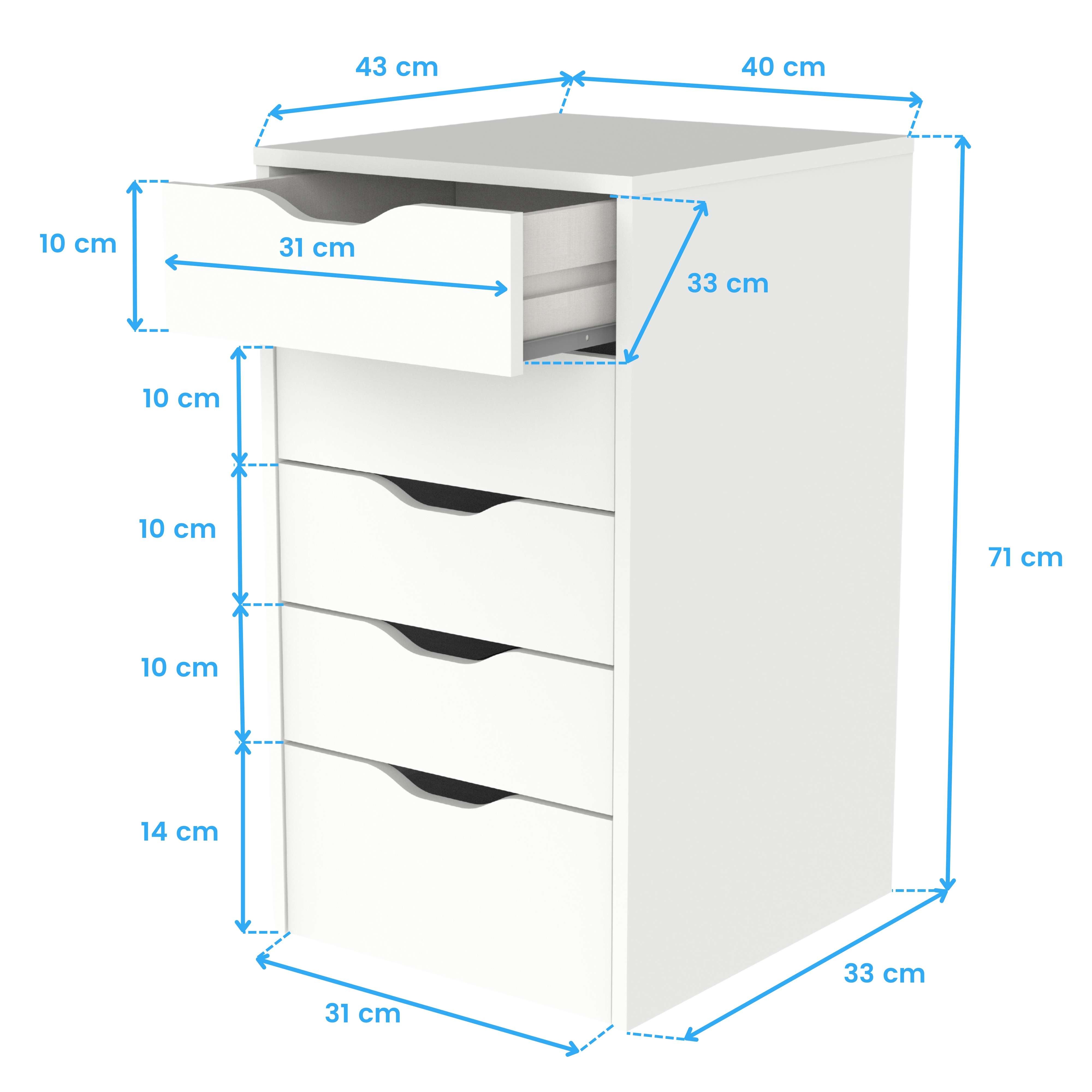 Commode 5 tiroirs Eko blanche, meuble de rangement de bureau moderne, 71 x 40 x 43 cm - 8