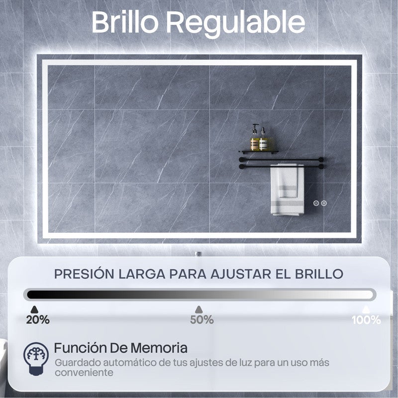 Hysail espejos de baño cuadrado antivaho,espejo baño led 120*70cm brillo regulable,3 colores de luz,función de memoria