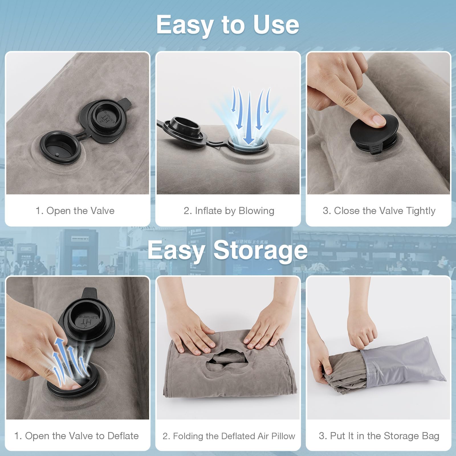 Travesseiro de viagem inflável, travesseiro de pescoço confortável com bolsa de armazenamento, suporte de ombro e pescoço, para avião, trem - 7