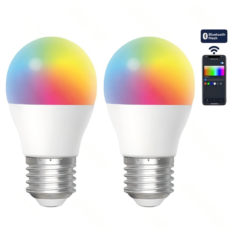 Kit de 2 bombillas Aigostar G45 E27 de 6,5 W RGB+CCT con Bluetooth, sistema  de malla inteligente y control remoto. | Leroy Merlin