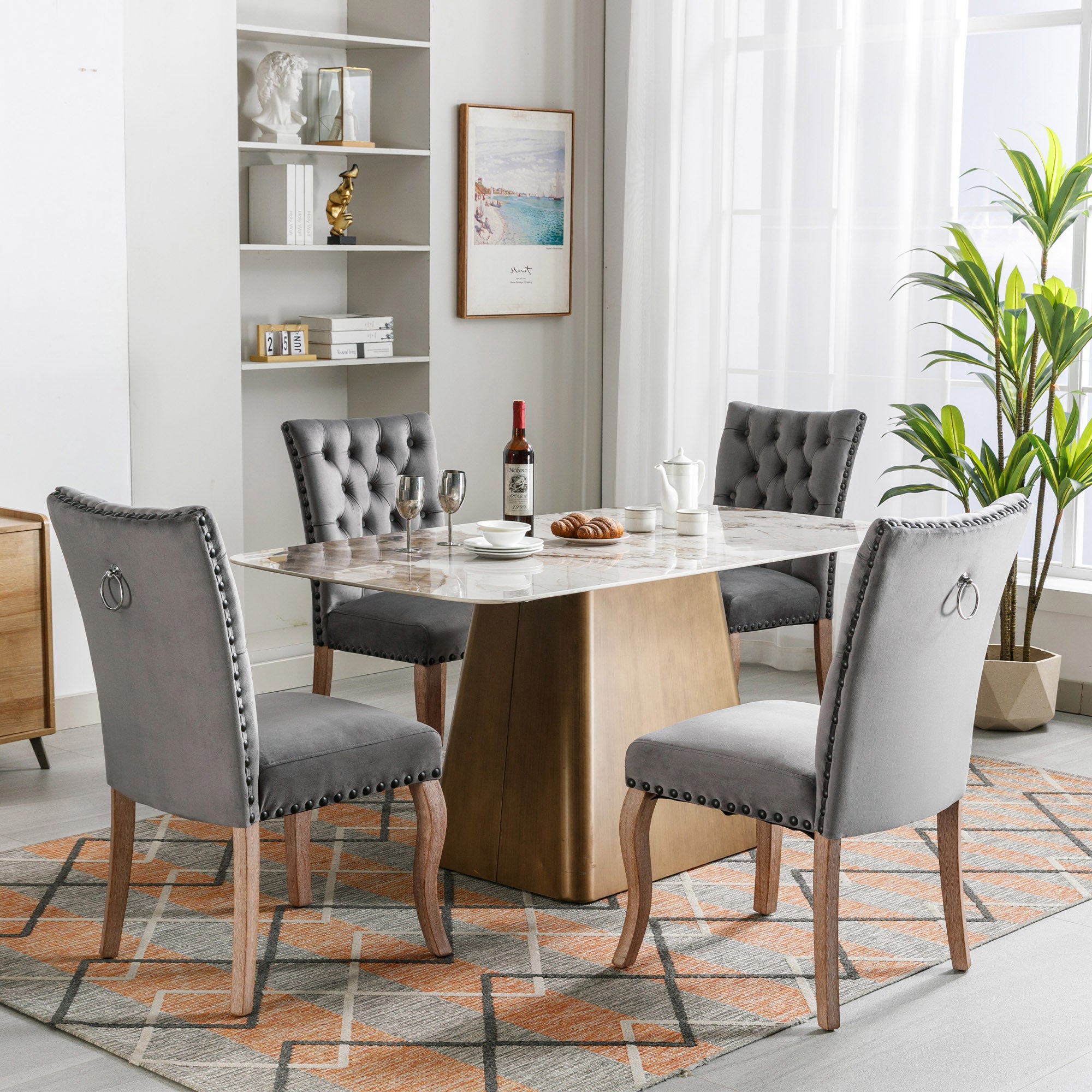 Sillas de comedor (4 sillas de cocina con respaldo simple), patas de madera maciza, tapizado de terciopelo, color gris