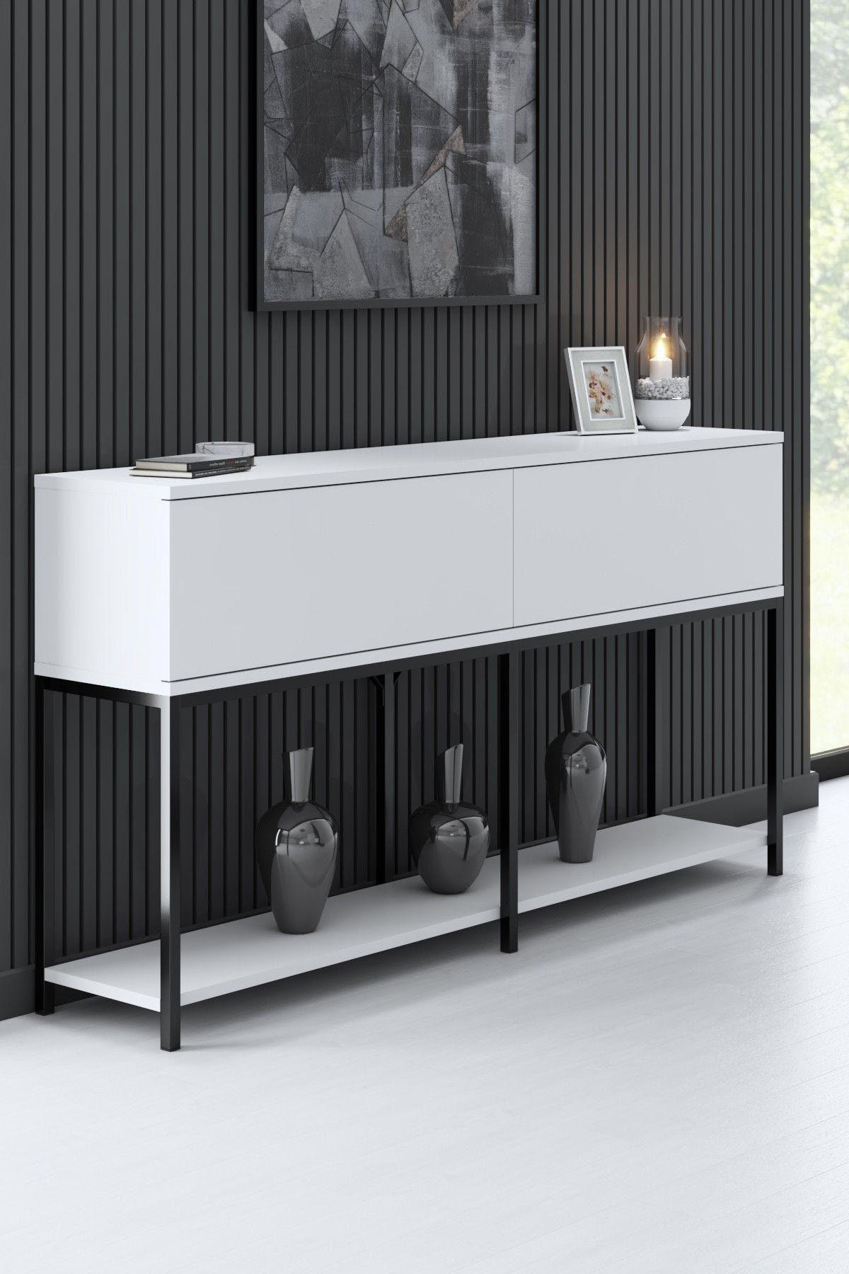 Console Style Console style contemporain Nelly L150cm Bois Blanc et Métal Noir ...