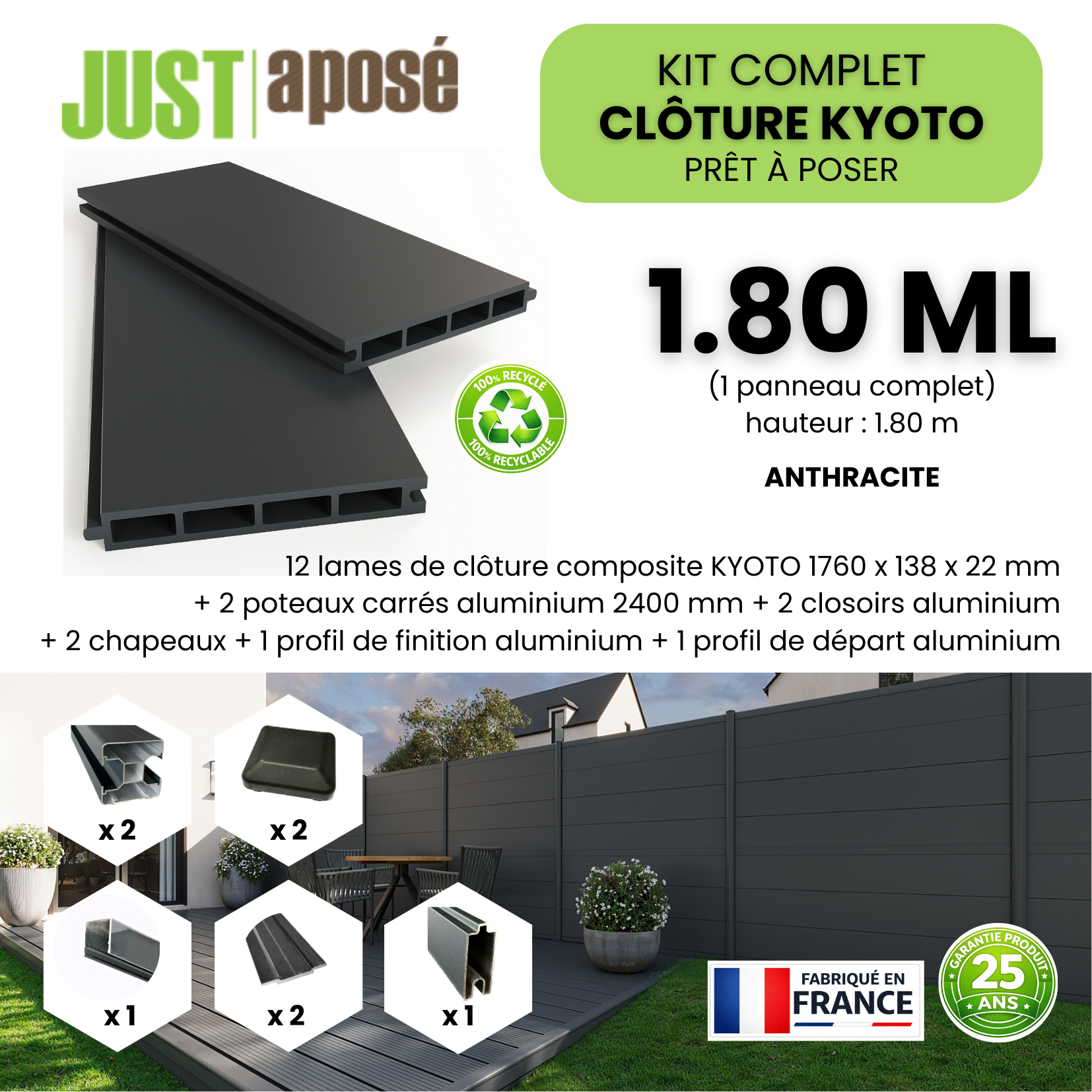 Kit complet clôture composite KYOTO - 1 panneau complet - 1,80 x 1,80 m - Prêt à poser - Anthracite - 3