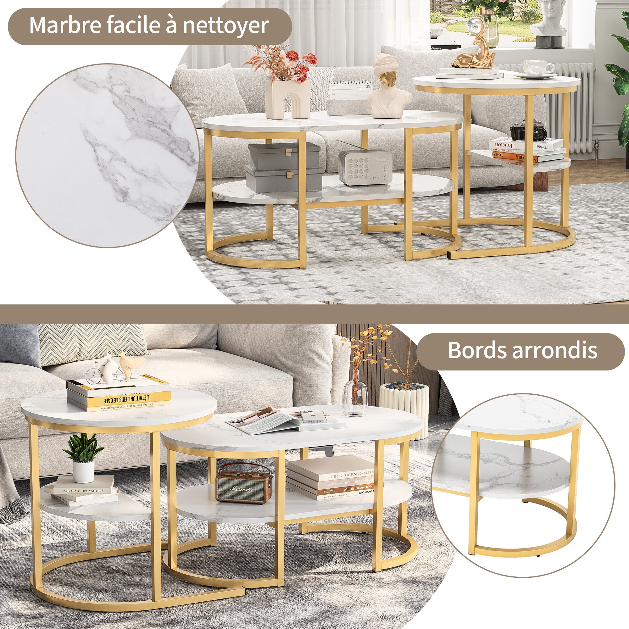 Lot 2 Tables basses gigognes ovale/ronde, 2 étagères, bois effet marbre, métal doré, scandinave, Blanc - 5