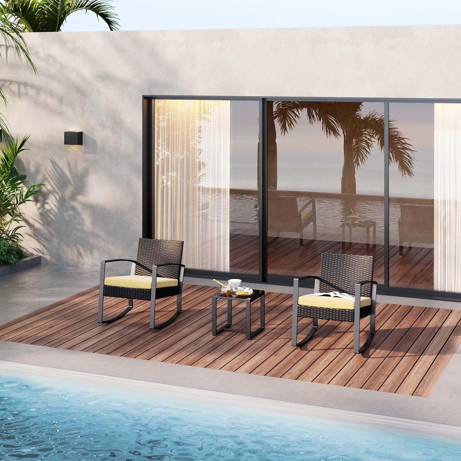 Set da Giardino Bealife 2 Posti Set Sedia a Sdraio con Cuscino Tavolo in Vetro Temperato Insieme di Mobili per Patio, Giardino e Esterno Beige - 6