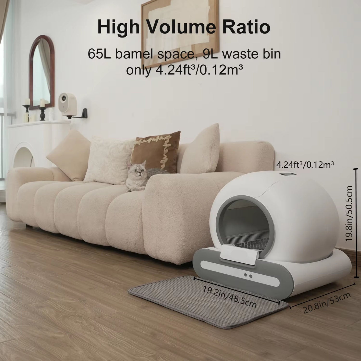 QWINERN Caixa de areia para gatos de 65 litros, autolimpante, com controlo por aplicação, Wi-Fi 2.4G, inclui tapete higiénico e saco para o lixo. - 2