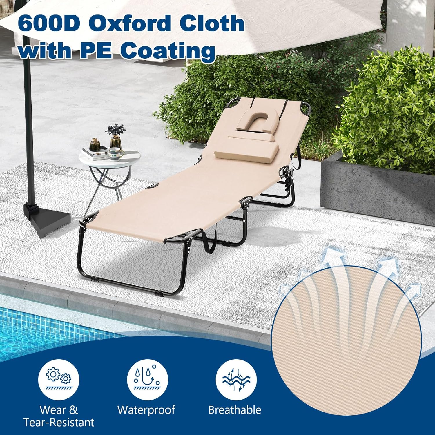 Cadeira de Sol Dobrável,Cadeira Comprida,3 Apoios de Cabeça Removíveis,Cadeira de Praia Reclinável,Encosto Regulável em 5 Posições,63x194x37cm,Bege - 5