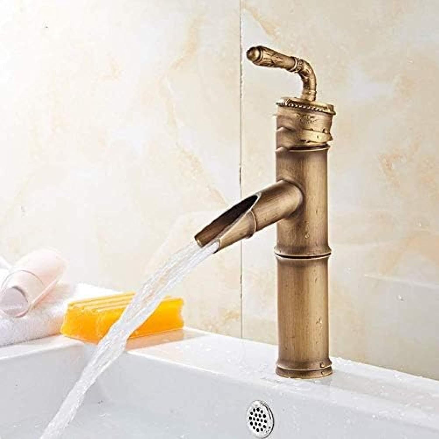 Bateria umywalkowa, bateria łazienkowa bambusowa, klasyczna bateria z ciepłą i zimną wodą, bateria mieszająca w kolorze antycznego mosiądzu, bateria