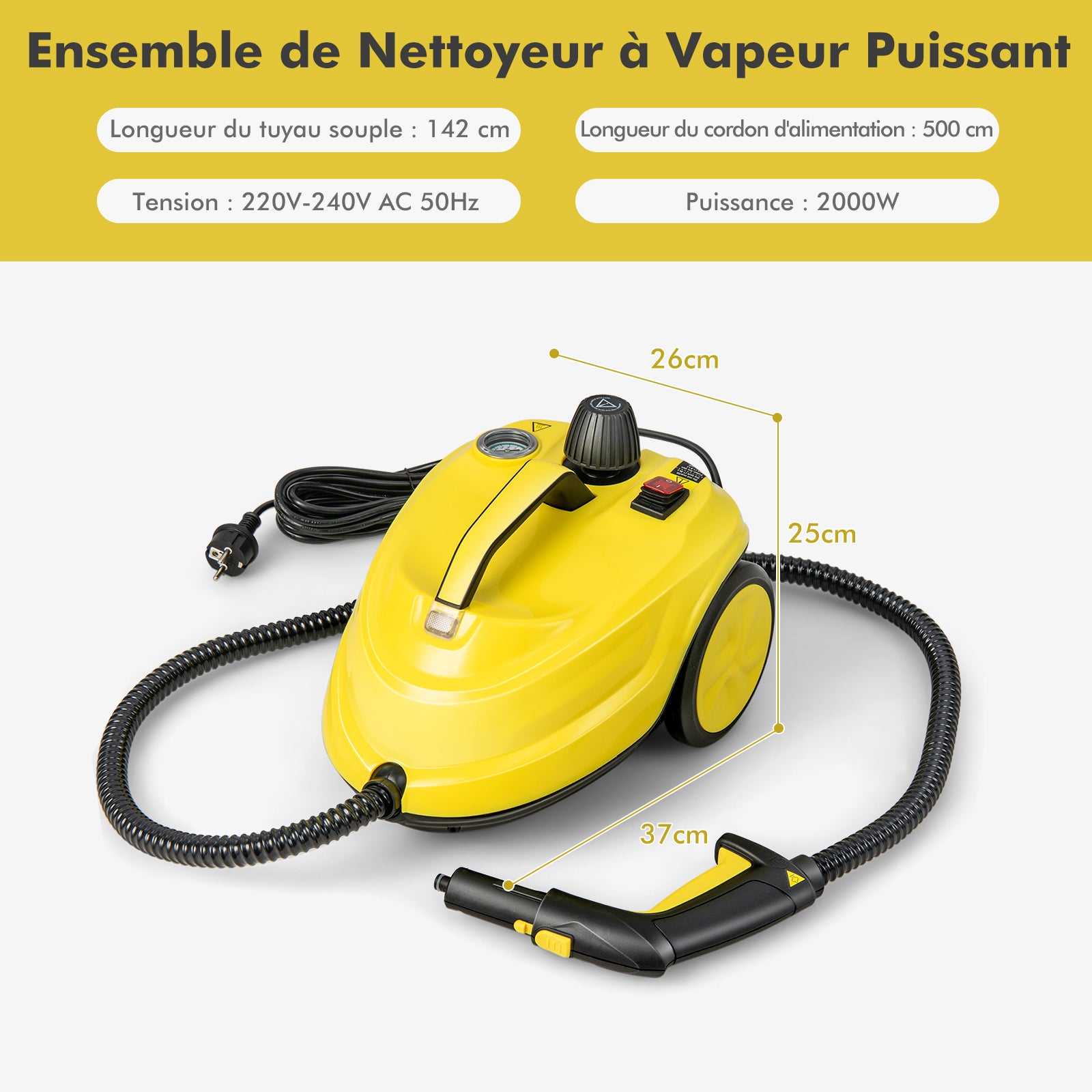 Nettoyeur Vapeur Polyvalent de 2000W avec 15 Accessoires et Manomètres, Balai Vapeur à Roulettes 5 Bars avec Réservoir de 1,8 L, Jaune - 3