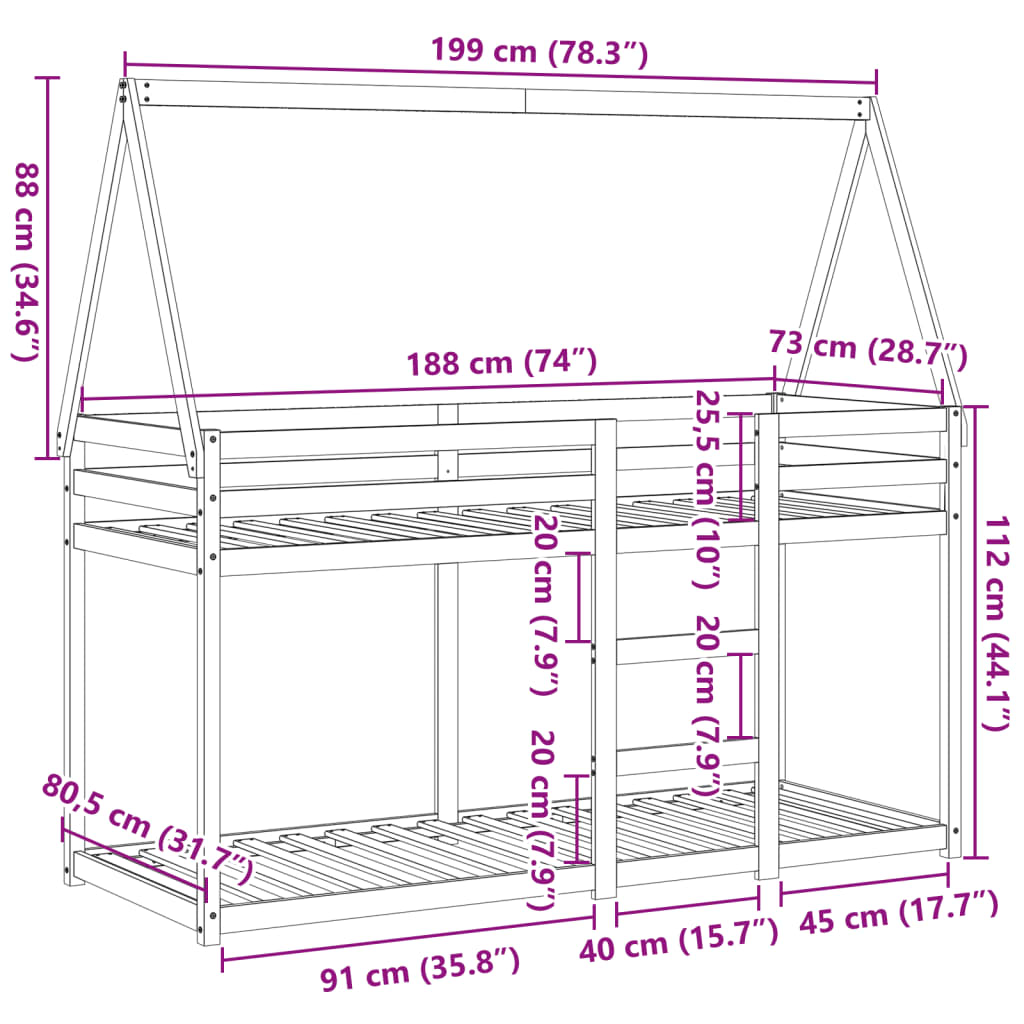 Lit superposé avec toit 75x190 cm bois de pin massif - 9