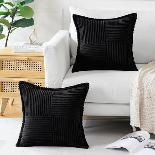 Lot de 2 Boho Housse de Coussin en Velours Côtelé Croisé Canapé Taie d'oreiller en Velours Douce pour Maison Salon Chambre Decorative Noir 40 x 40 cm - 3