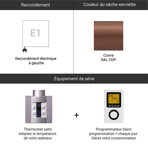 Sèche-serviette électrique programmable cuivré - HxL : 753x500 - 300 Watt - JAD753/500E1COPP - 2