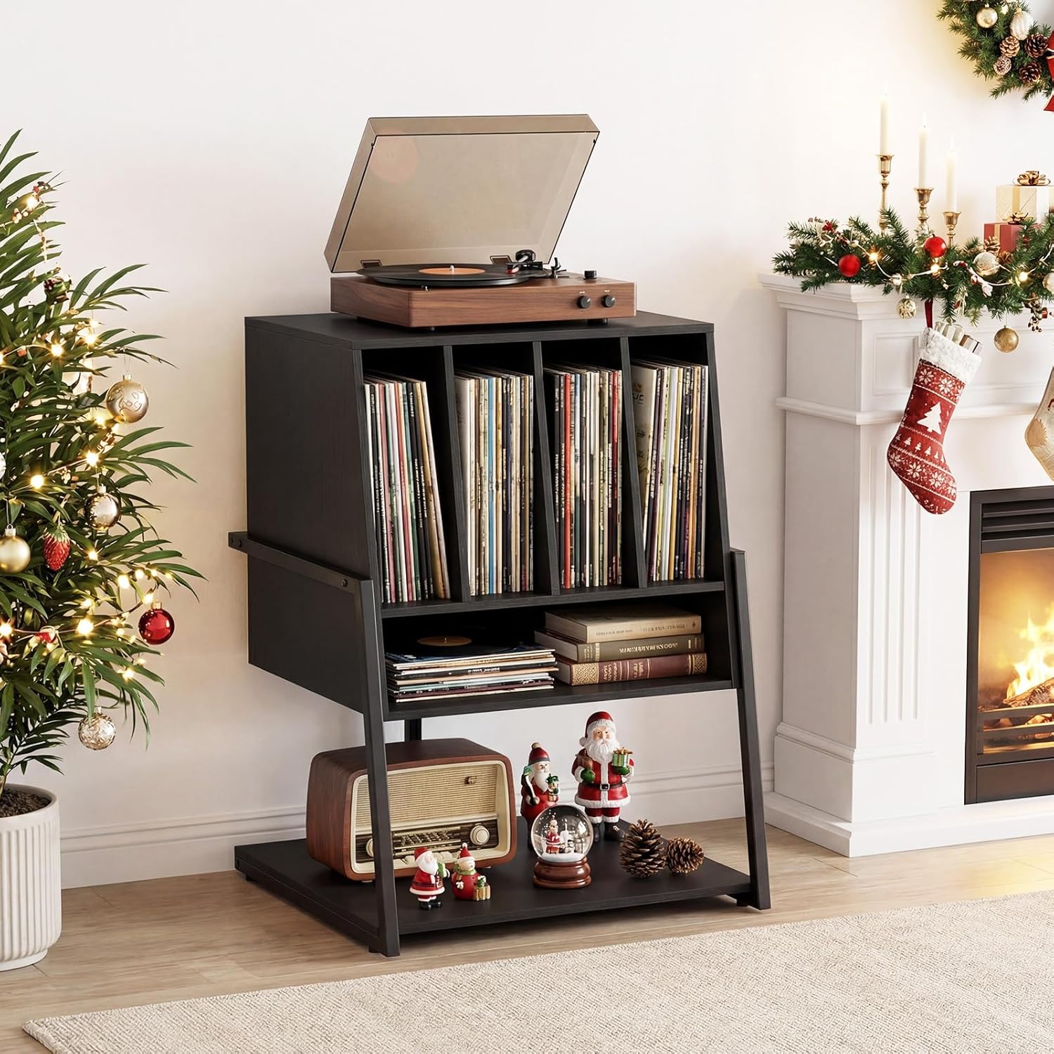 Meuble Platine Vinyle jusqu'à 180 Vinyle, 4 roulettes Inclus, Étagères, 5 Compartiments, Support Tourne Disque pour Albums, Manga, Livres, Noir - 8