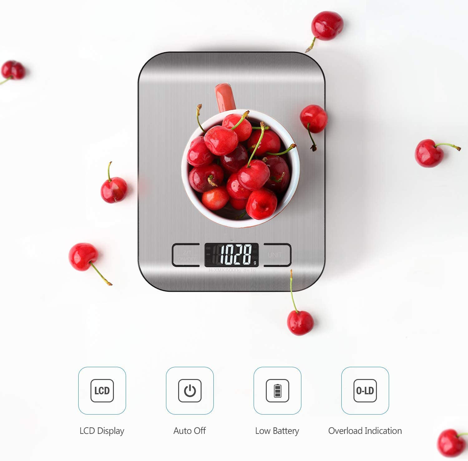 Precyzyjna elektroniczna waga kuchenna, udźwig 5 kg, stal nierdzewna, przyciski dotykowe, podświetlany ekran LCD, automatyczne wyłączanie - 3