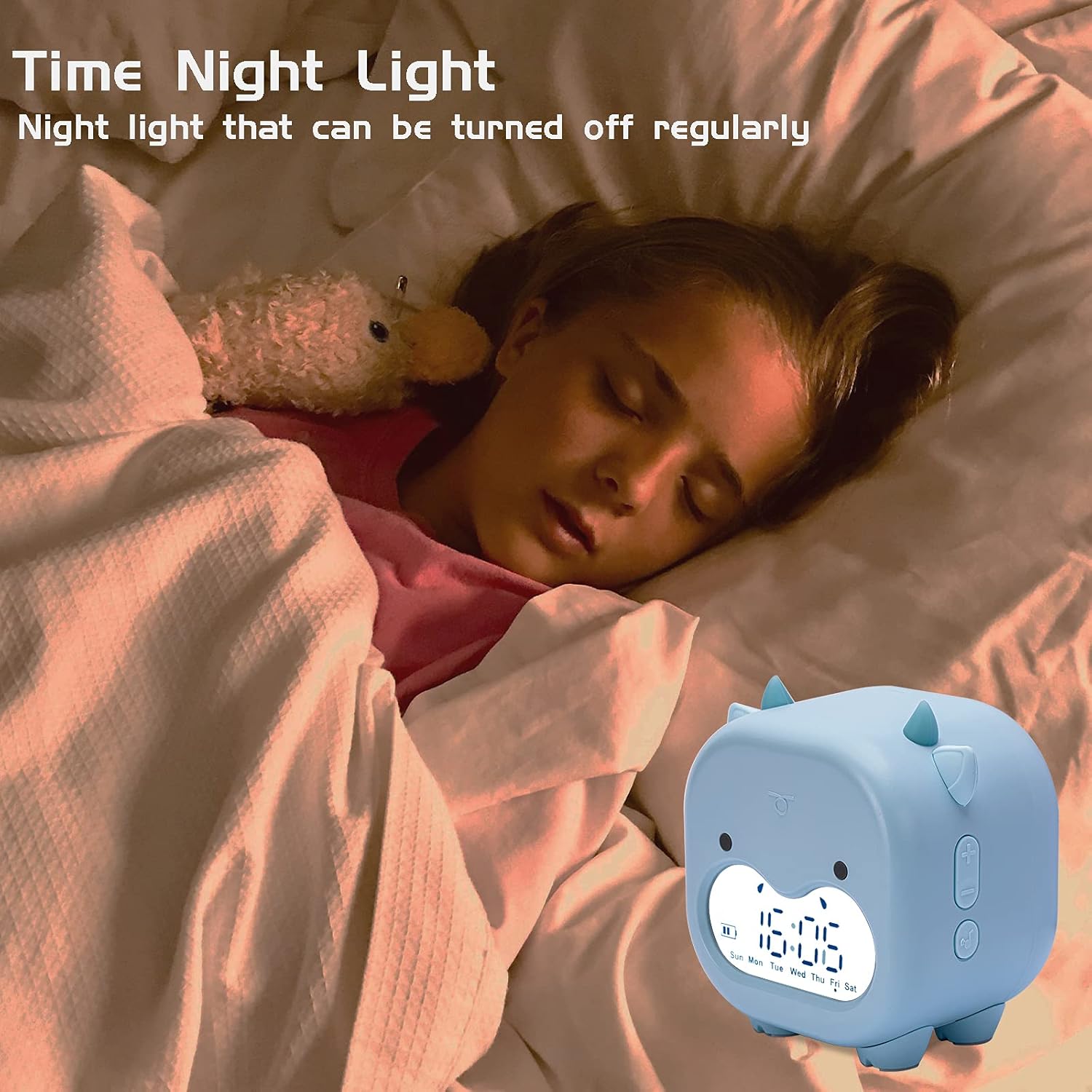 Réveil enfant avec fonction date et température, veilleuse et fonction sno-wake, motif vache mignonne, port USB, cadeau idéal pour les et le - 4