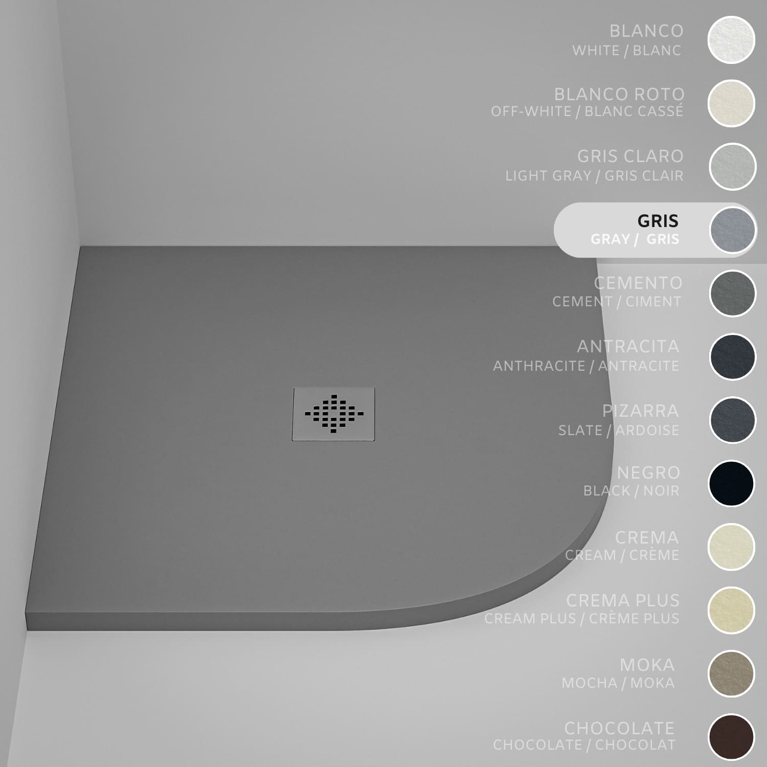 Brodzik półokrągły SOULHOME Żywica i Konglomerat Mineralny Antypoślizgowy 70x70 cm Szary - Kratka Inox